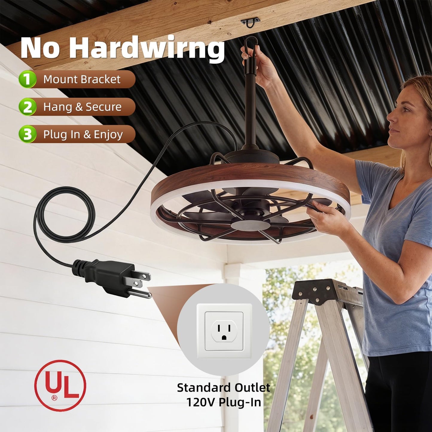 Heromind Farmhouse Gazebo Fan with Light, 20" Plug-in Gazebo Ceiliing Fan with App/Remote Control, Outdoor Ceiling Fan with Light IP65 Waterproof, 3