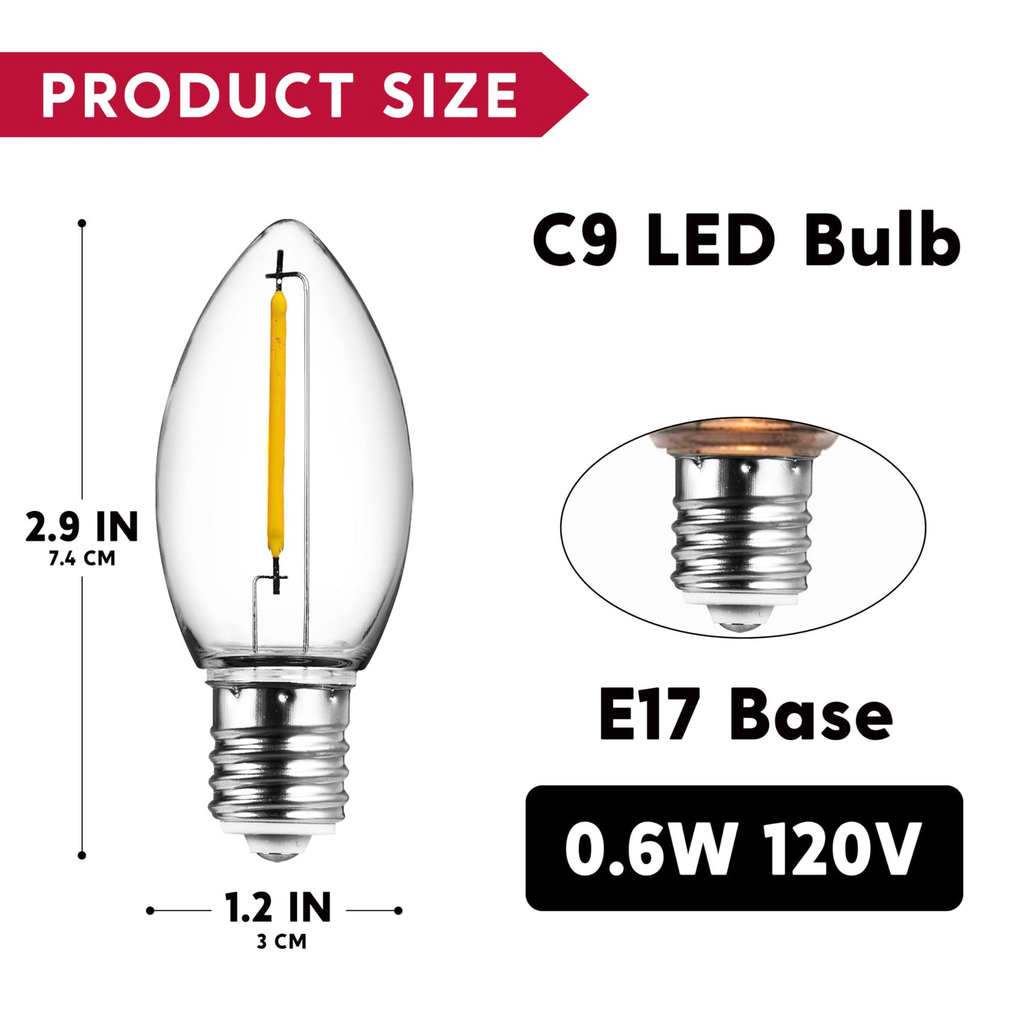 JOYIN C9 LED Light Bulbs - Replacement E17 Base Bulbs for Window Candles & Chandeliers (Warm White, 25 Pack)