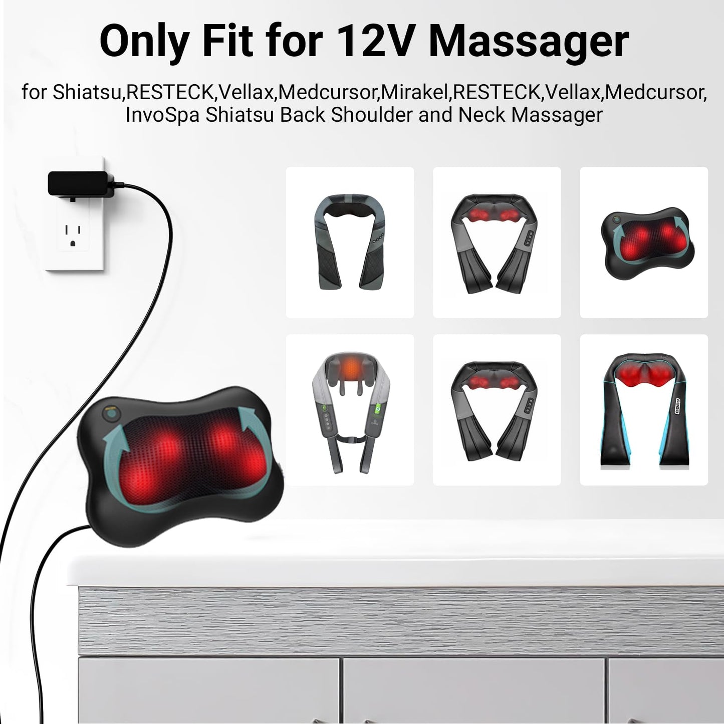 Massager Power Cord for Zyllion Shiatsu Back and Neck Massager/Nekteck/Comfier Back Shoulder and Neck Massager Charger Supply - 12V - Only Fit…