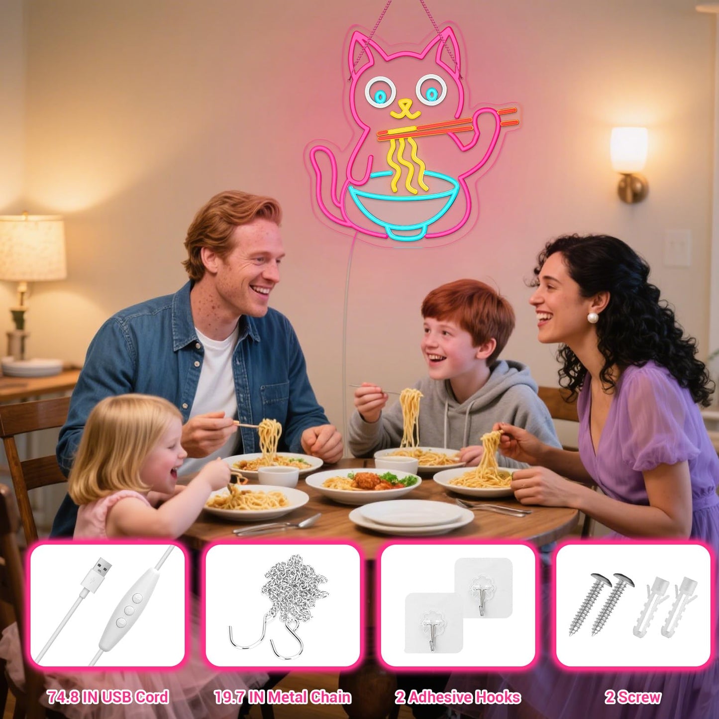 Cat Ramen Neon Sign for Wall Decor, Fun Noodles Pink Led Neon Sign for Living Room Wall Decor, Animal USB Dimmable Powered LED Light for Restaurant