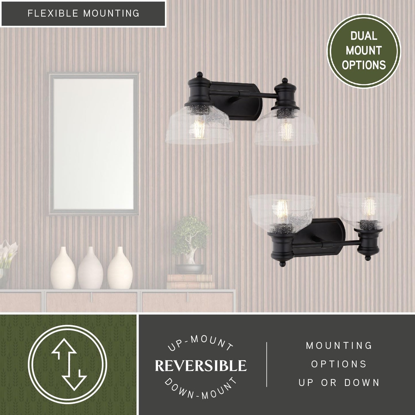 VAXCEL Beloit 2-Light 17 inch Wide Matte Black Farmhouse Bathroom Vanity Lighting Fixture, Clear Seeded Glass Shade, Dimmable, LED Compatible, Over