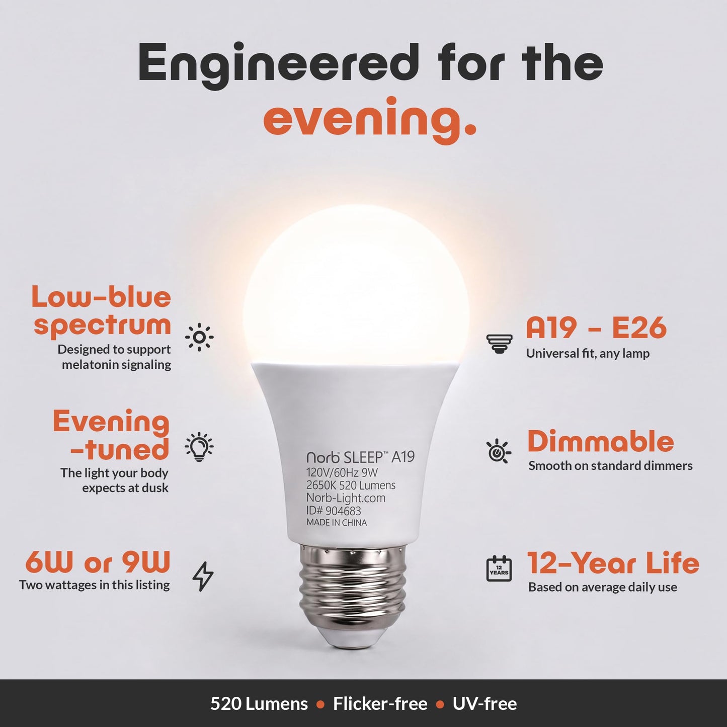 NorbSLEEP Low-Blue Sleep Light Bulb | Circadian Rhythm Light Bulb & Melatonin-Boosting Nighttime LED | A19 9W 520 Lumens | 2650K Warm White, CRI 97