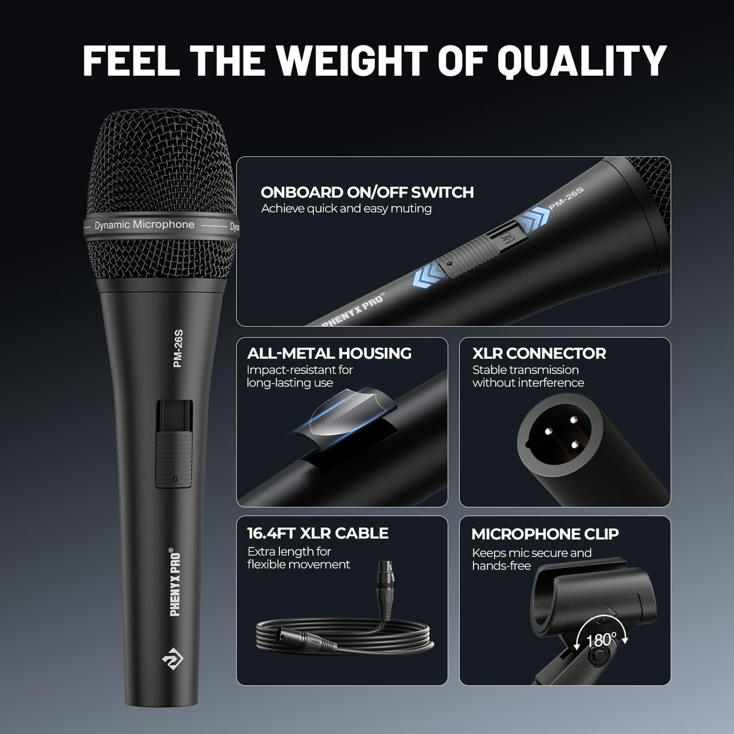 Phenyx Pro Vocal Microphone, Supercardioid Dynamic Mic with 16.4 ft XLR Cable, Mic Clip, Storage Bag, Wired Handheld Microphone for Singing, Stage
