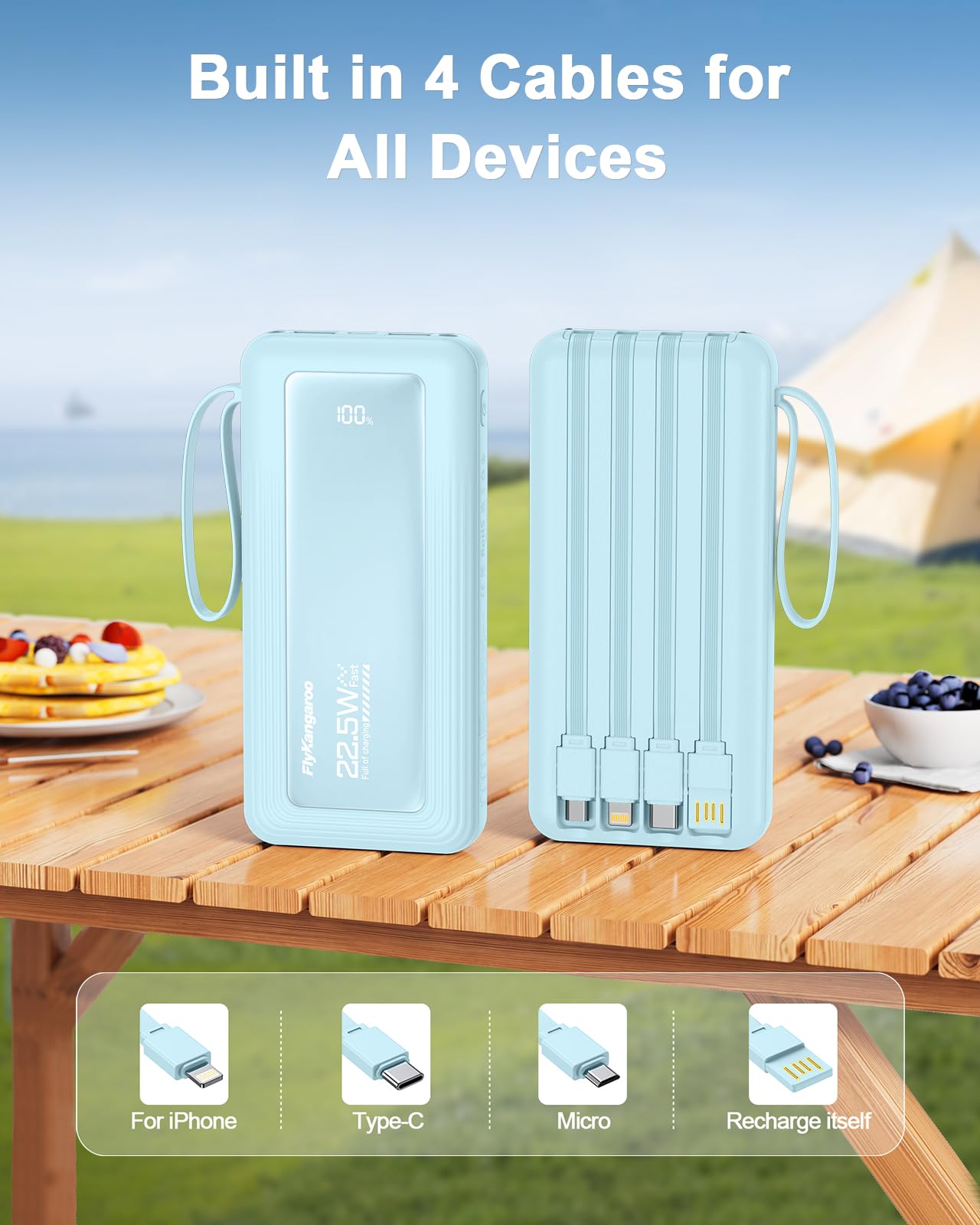 FlyKangaroo Portable Charger with Built in Cables, Slim 10000mAh Fast Charging 22.5W Power Bank USB C LED Display Battery Pack 6 Outputs & 2 Inputs