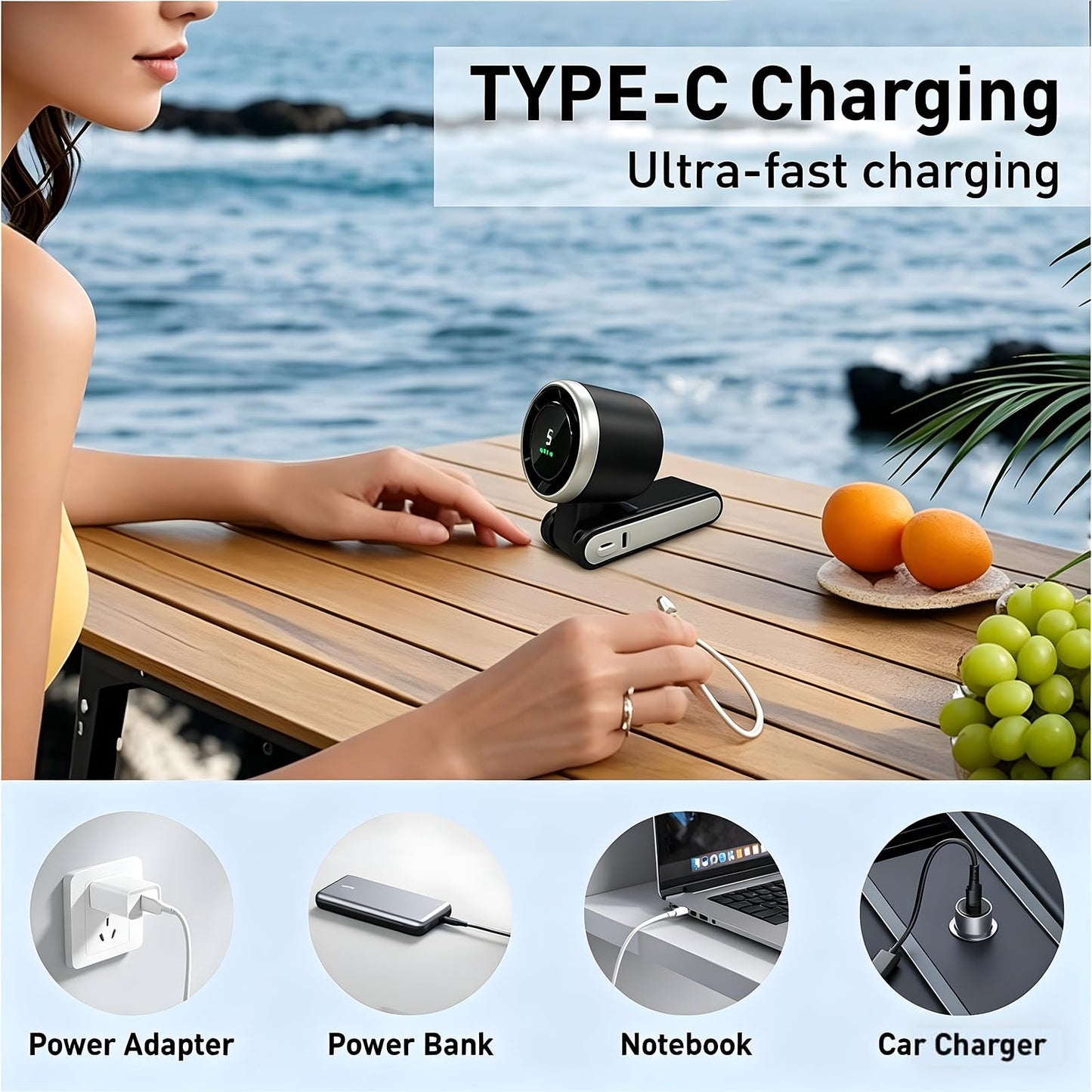 Evernew Living Black Portable Handheld Turbo Fan, 13550 RPM Max, 5 Speeds, 12-Hour Battery, 3-in-1 Design for Travel, Beach, & Outdoor Activities