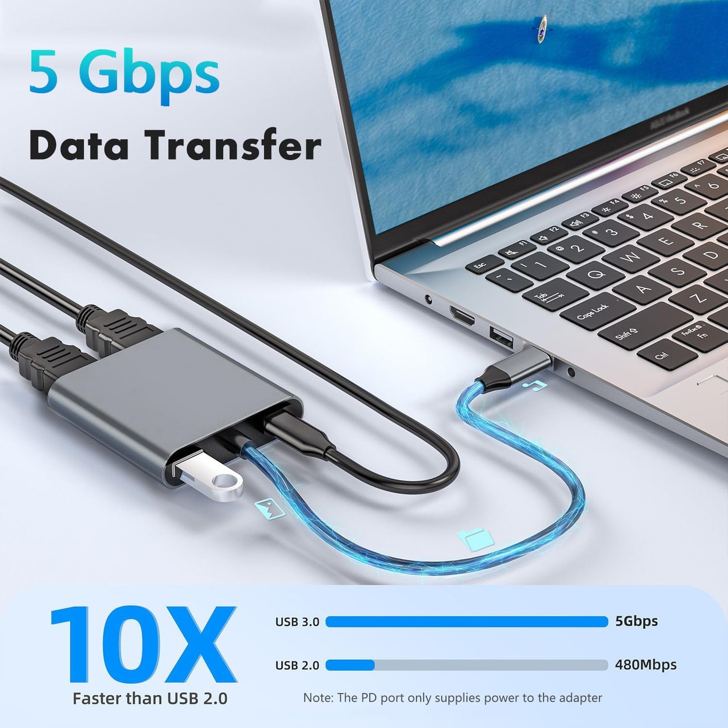 JUEJUEZI 4-in-1 USB C to Dual HDMI Adapter, USB C Multi Port Adapter with 2 HDMI 4K Ports, USB3.0, PD 100W, C-Type to 2 HD Splitter, Suitable