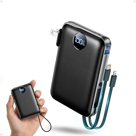 AIFENG Portable Charger Power Bank 10000mAh, Built-in Cables & Wall Plug, 22.5W USB-C Fast Charging Battery Pack, 4 Outputs, LED Display, Mini Travel