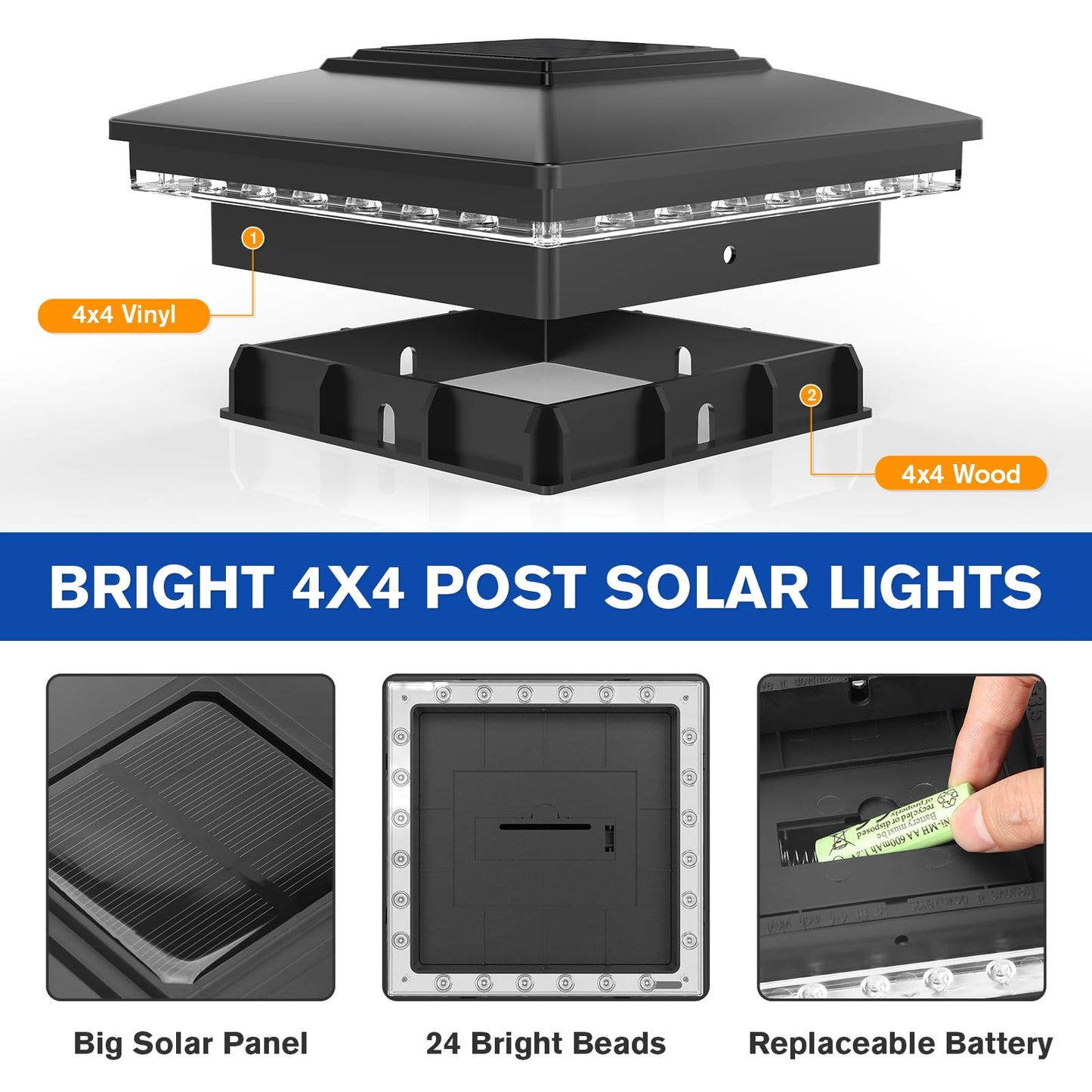 APONUO 4x4 Solar Post Cap Lights 6 Pack - IP65 Waterproof, 24 LED Warm White Solar Lights for 4x4 Wood/Vinyl Fence, Deck, Patio & Yard (Auto On/Off