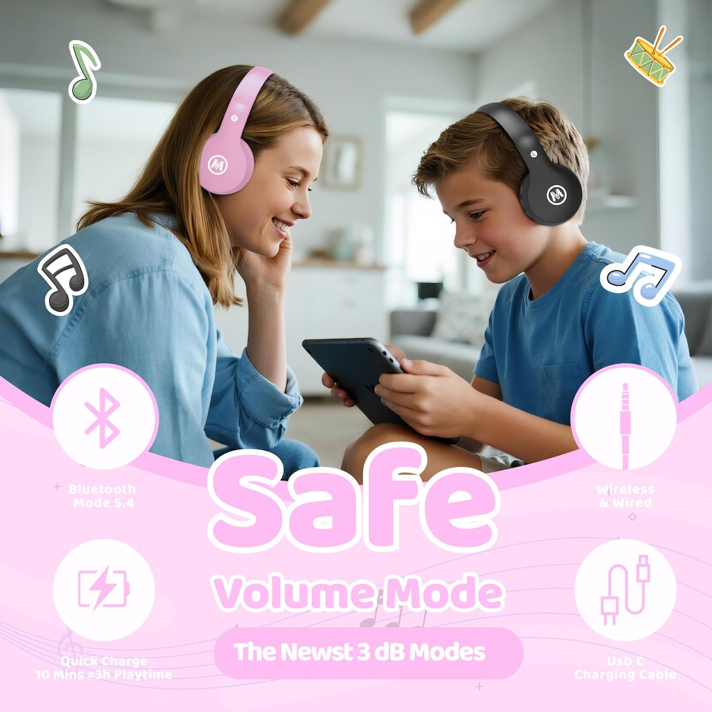 Mokata Headphones Kids Bluetooth 5.4 Wireless Play Time 68H Safe Volume Limit 85/94dB Over-Ear Foldable Headset,Fast Charging,with Aux Cord Built-in…