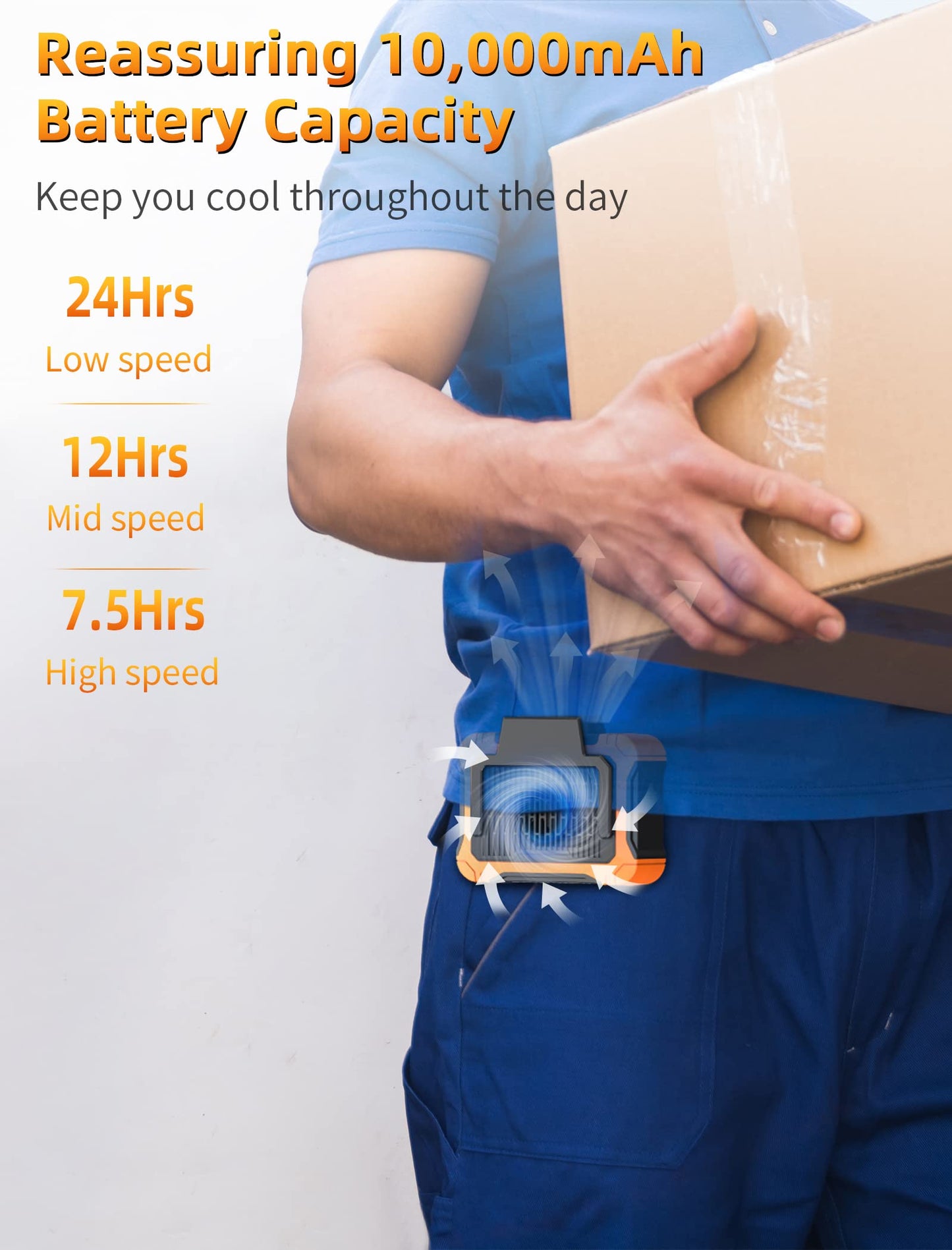 Koonie 10000mAh Waist Clip Fan with Solar Panel, 30H Working Time, Personal LED Light, Battery Powered Belt Fan, Strong Airflow, 3 Speeds, Body