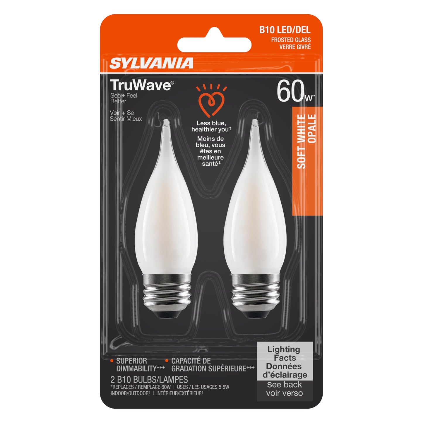 Sylvania LED TruWave Natural Series Candelabra Light Bulb, 60W Soft White Medium Base, Dimmable, Frosted, Candle Tip - 2 Pack