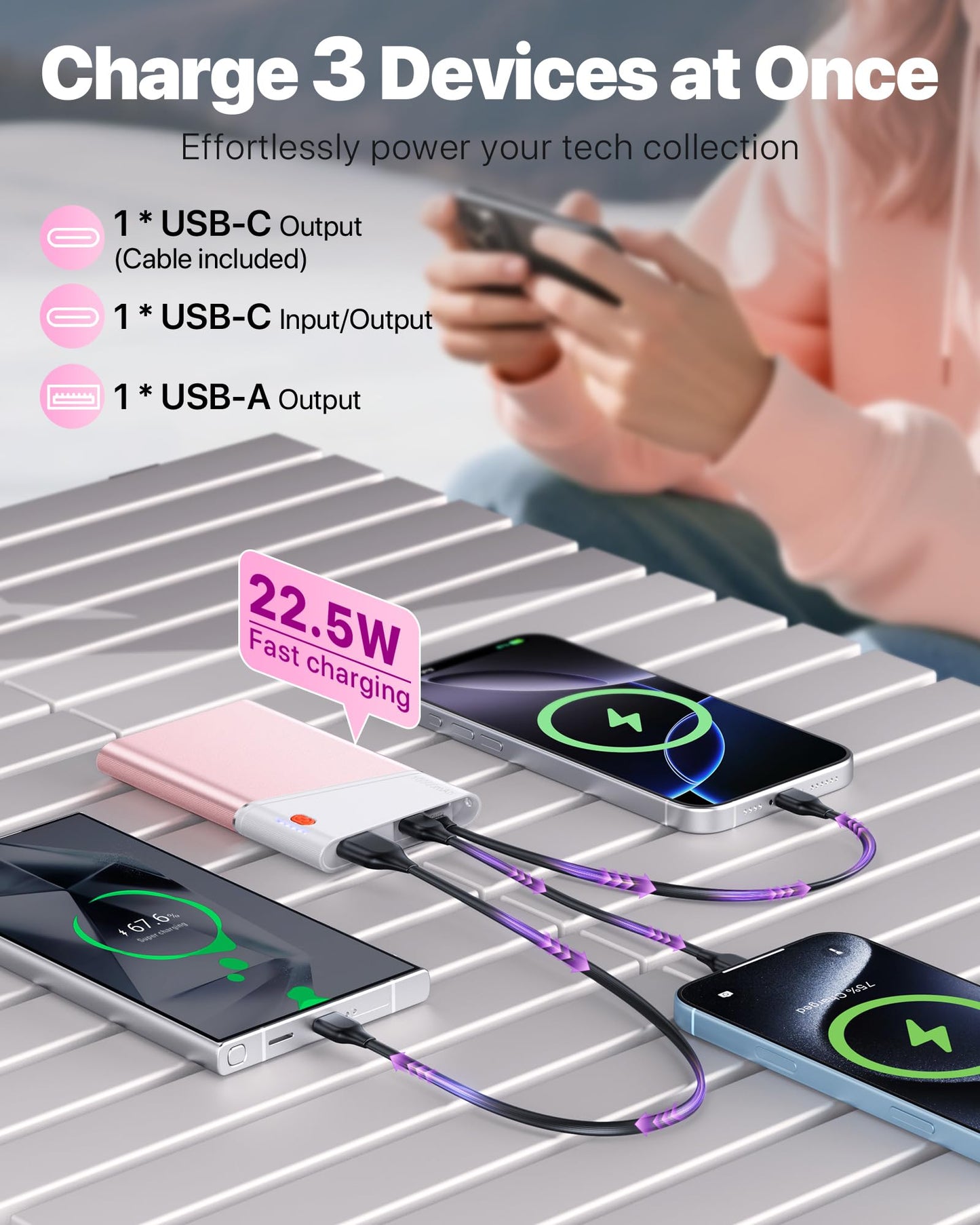 Aaoyun Portable Charger Power Bank, 10000mAh 22.5W PD Fast Charging Powerbank with Built-in USB C Cable, Slim External Phone Battery Pack for iPhone