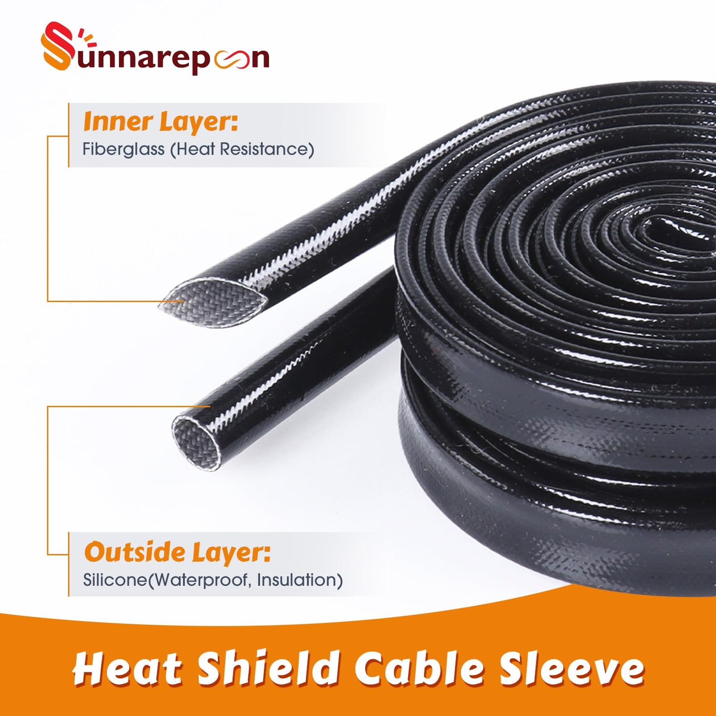 Sunnarepoon Silicone Fiberglass Cable Sleeve - Waterproof, Insulation and Cord Protector High Temp Heat Shield Sleeve Wire Tube (3/8'' - 10Foot)