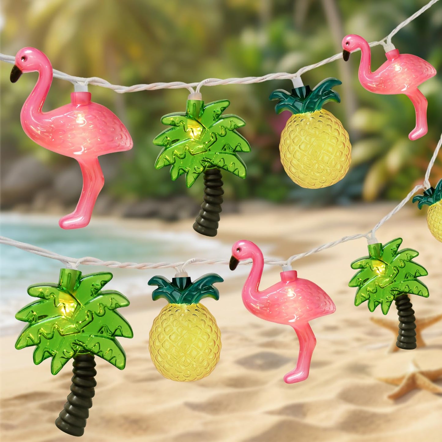 PASUTO Summer Beach Hawaiian String Lights, 10 LED Tropical String Lights, Hawaiian Tropical Beach Pool Party Decorations, Flamingo Pineapple Palm