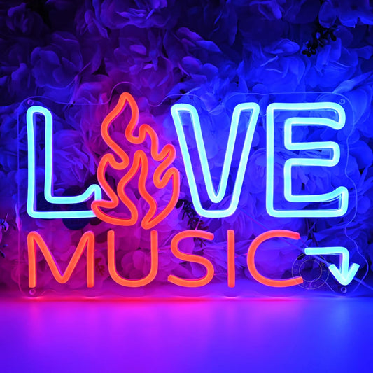SYLHOME Live Music Led Neon Light Sign Fire Hot Bar Pub Music Studio Club Bedroom Wall Decor Sign Game Room Birthday Christmas Party Decoration 15.75"