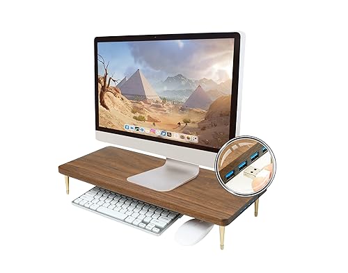 CRAFT KITTIES Monitor Stand with 4 USB Ports Walnut Wood Riser for iMac Laptop Computer Monitor - A Sturdy Computer Stand to Elevate Your Screen