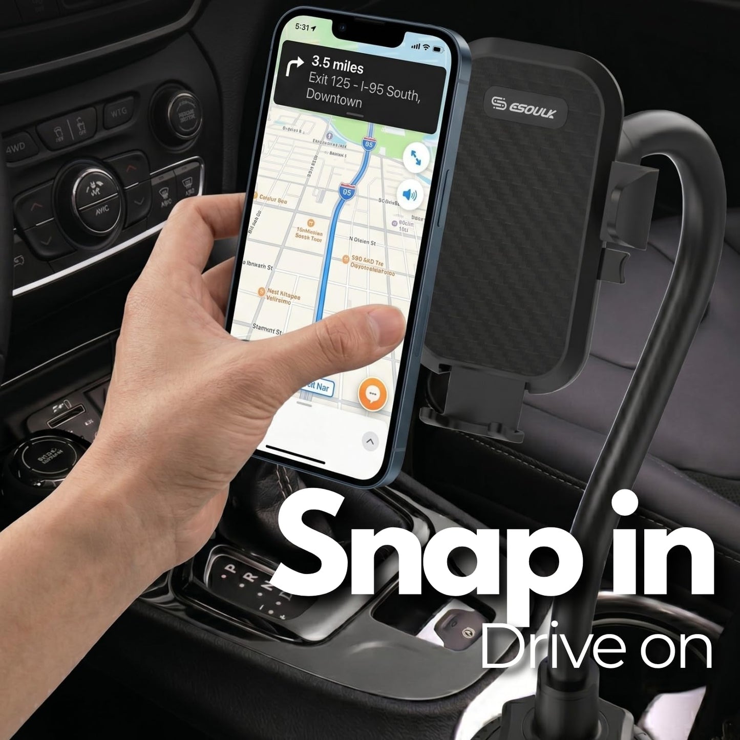 Esoulk] Upgraded 15" Cup Holder Phone Holder for Car, Adjustable Long Gooseneck Phone Mount with Stable Expandable Base for iPhone 17/16/15/14 Pro