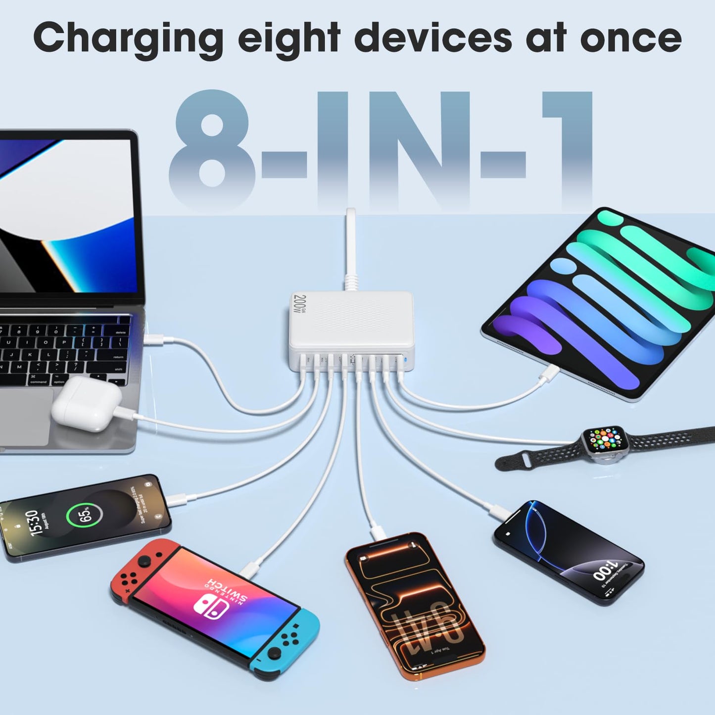 KTDRJN USB C Charger 200W,Upgraded GaN 8-Port Fast Charging Station Hub,Laptop Charger Adapter,Wall Charger Power Compatible with iPhone17/16/15/14/13
