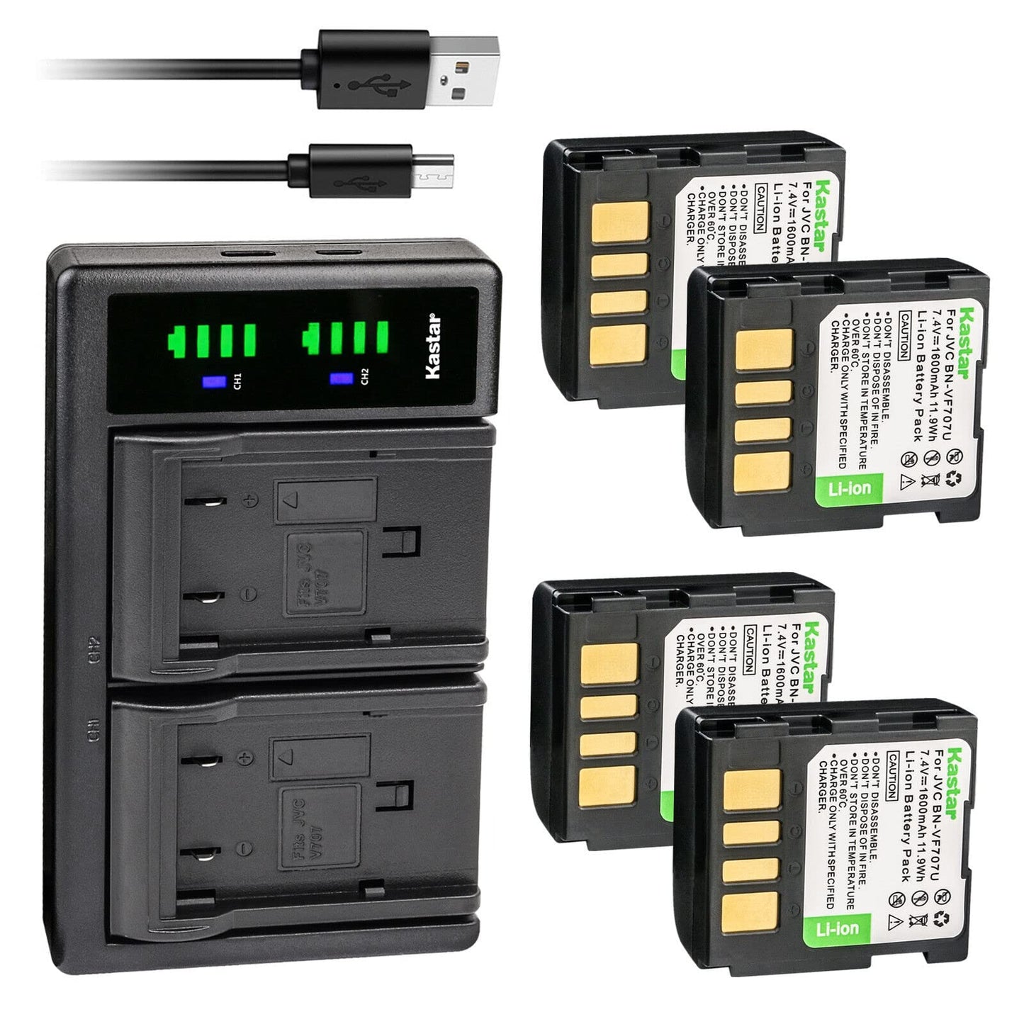 Kastar 4-Pack BN-VF707 Battery and LTD2 USB Charger Replacement for JVC GZ-MG50EY GZ-MG50EZ GZ-MG50U GZ-MG50US GZ-MG55 GZ-MG55U GZ-MG55US GZ-MG57