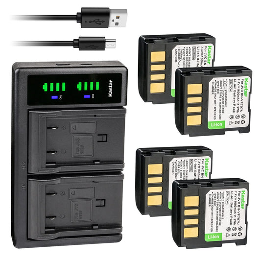Kastar 4-Pack BN-VF707 Battery and LTD2 USB Charger Replacement for JVC GZ-MG50EY GZ-MG50EZ GZ-MG50U GZ-MG50US GZ-MG55 GZ-MG55U GZ-MG55US GZ-MG57