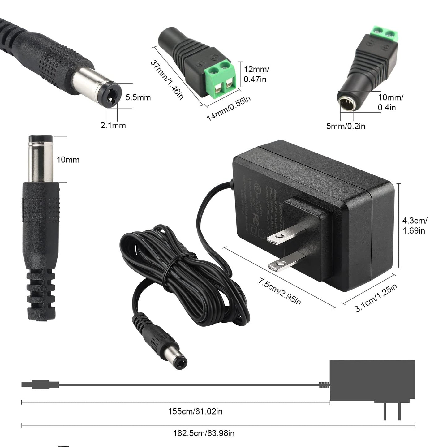 12V 2A 24W AC/DC Adapter- AC 100-240V to DC 12 V2A 5.5 * 2.1mm Transformers for LED Strip Lights,CCTV Camera