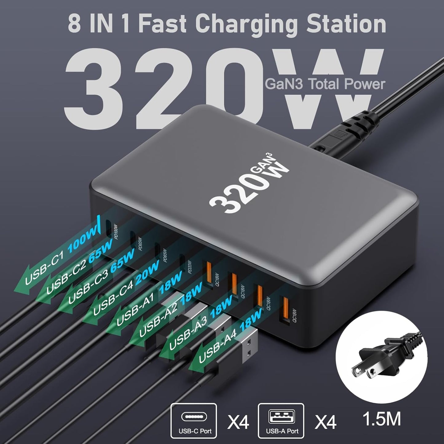 USB C Charger Block 320W 8 Port GaN3 Fast Charging Station Compatible with Laptop,ipad, iPhone 16/15/14/13 /12 Pro Max Fast Charger Pixel Note MacBook