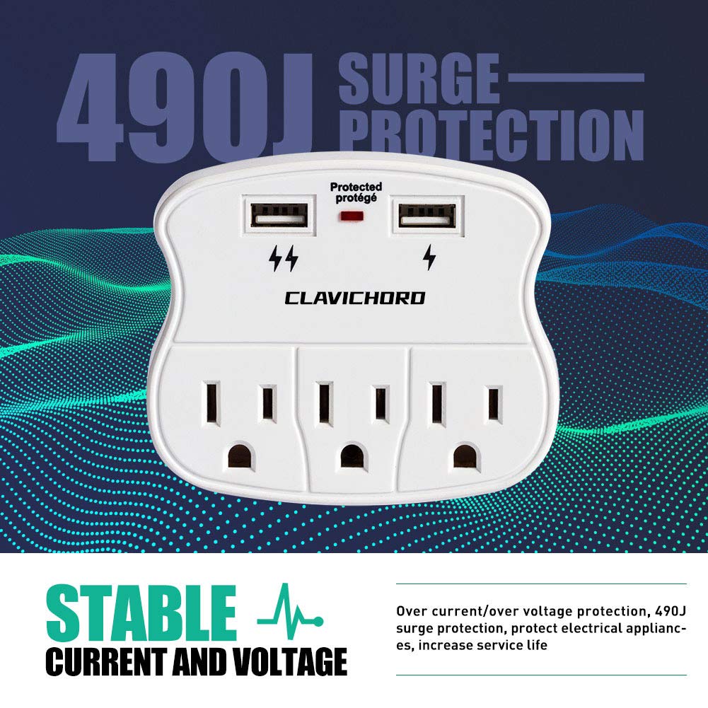 CLAVICHORD Surge Protector USB Wall Mount- Multi Plug Outlet Expander Surge Protector Wall Mount with 2 USB Charging Ports for Home/School/Office