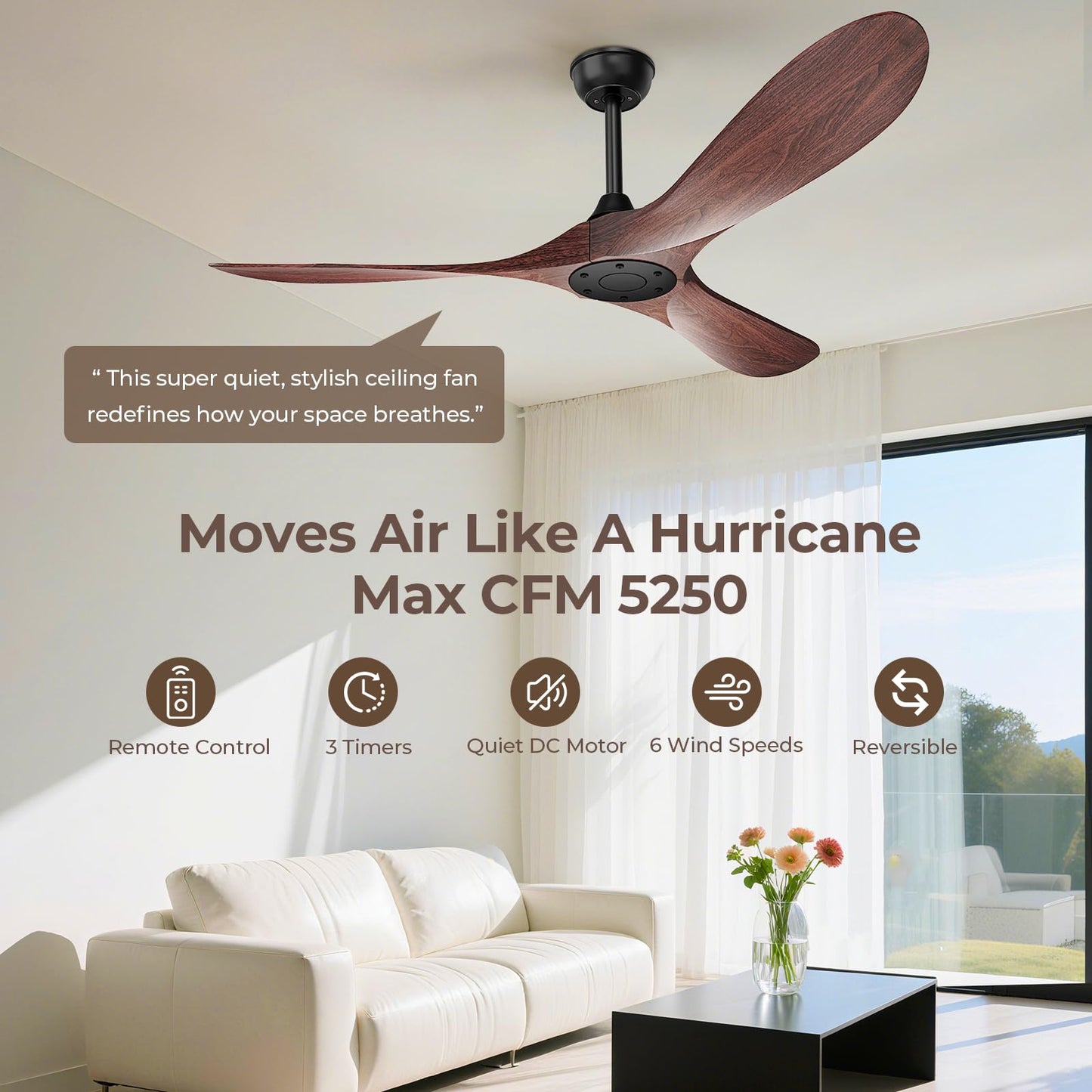 Obabala 52 Inch Ceiling Fan Without Lights, Walnut Finish | Outdoor Ceiling Fan with Remote, 6-Speed Adjustable Reversible DC Motor for Patio & Living