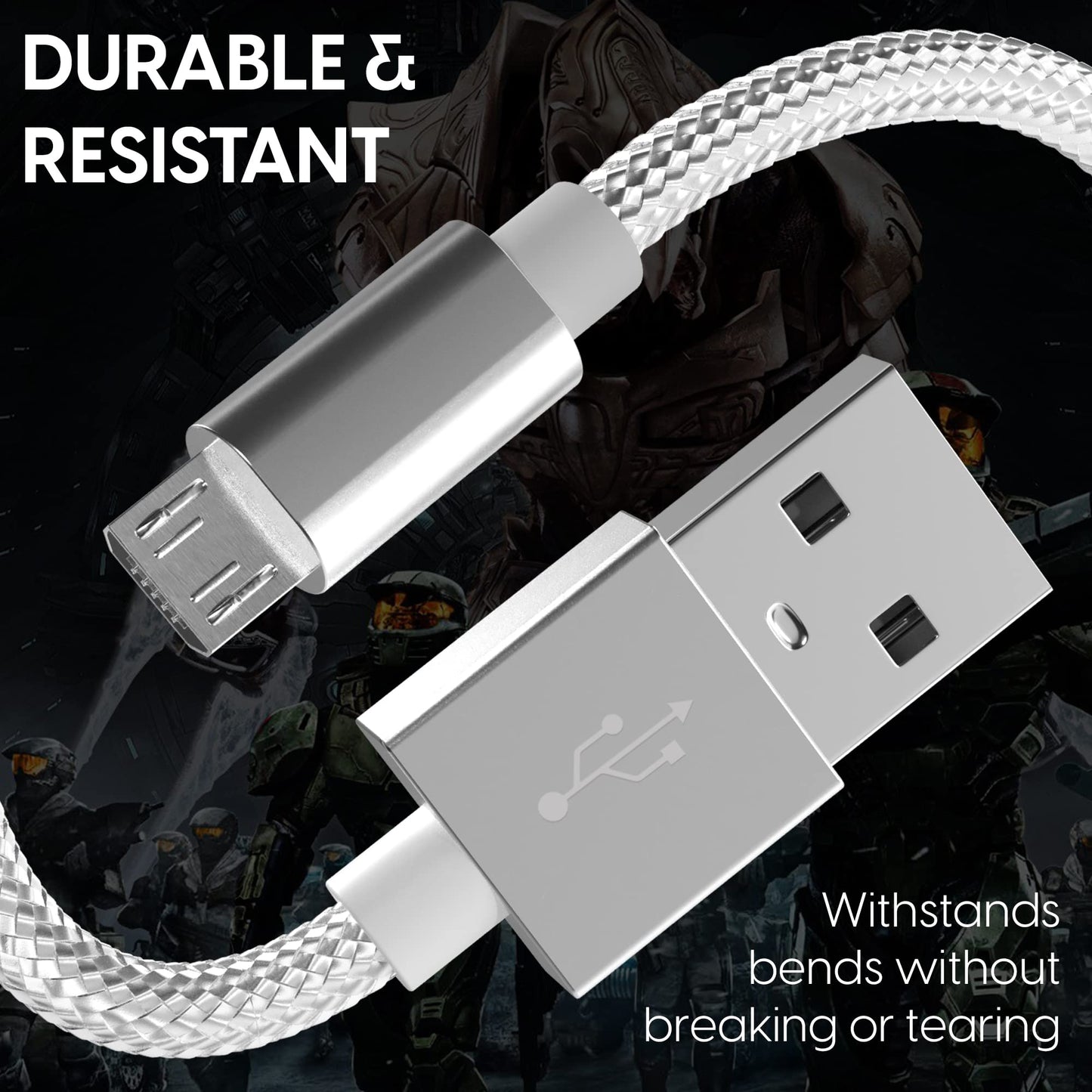 TALK WORKS Charger Cord Compatible with Xbox One Gaming Controllers - 6 ft Nylon Braided Micro USB Charging Cable, Heavy-Duty Fast Charge (Silver
