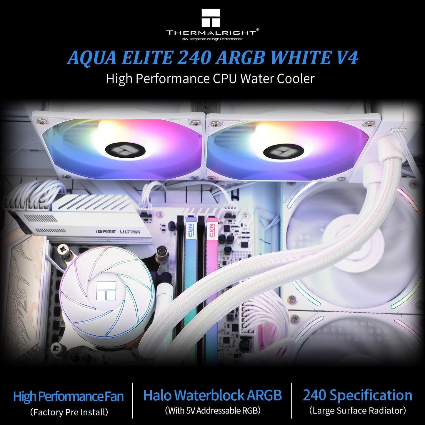 Thermalright Aqua Elite 240 White ARGB V4 CPU Water Cooling,White Aio CPU Cooler, 240 Cooling Row Size,Double PWM Fans with S-FDB Bearings,for