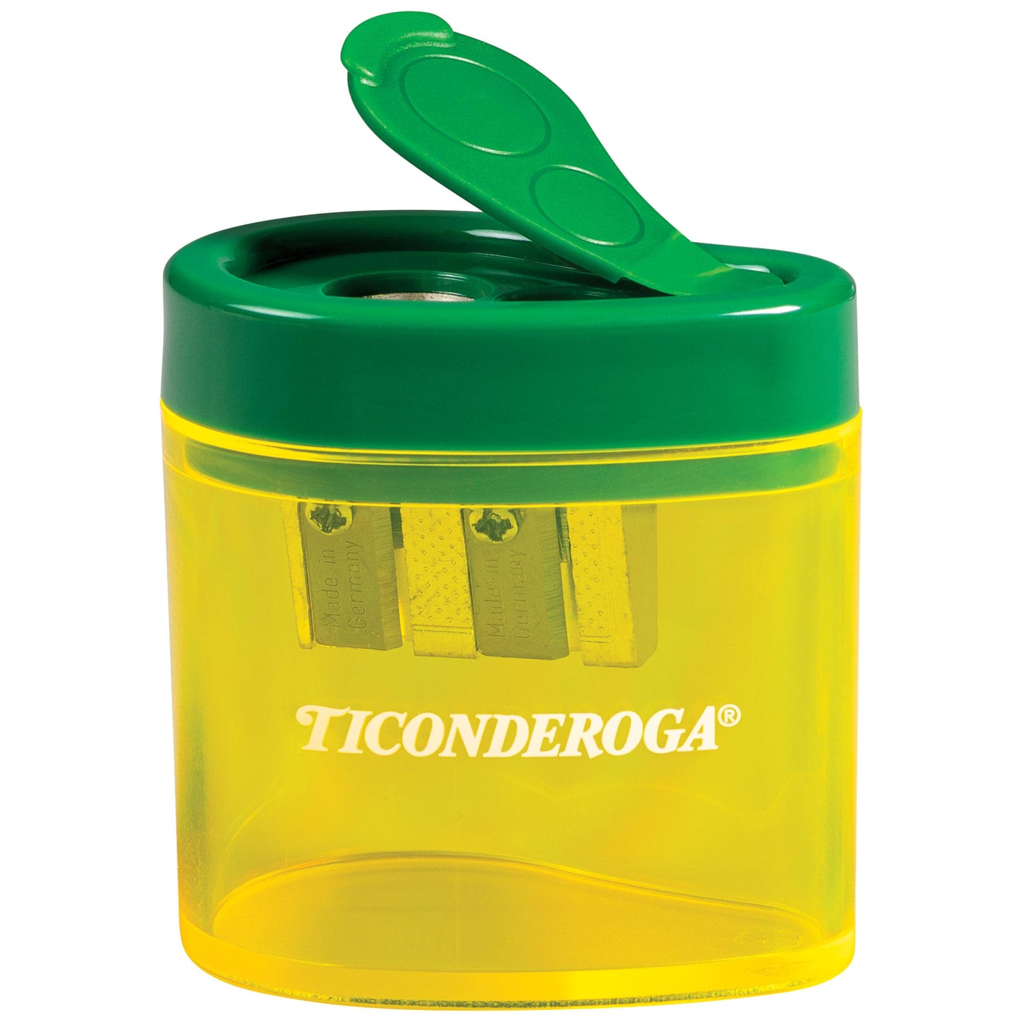 Ticonderoga Two-Hole Manual Pencil Sharpener for Standard and Beginner Pencils, Yellow/Green, 2" x 2" x 1.25", German-Engineered, 1 Count