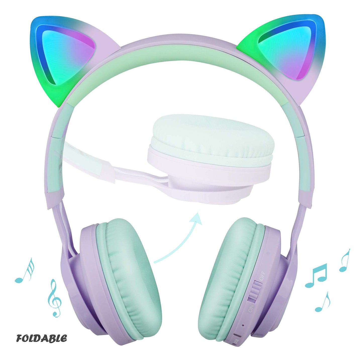 Riwbox Kids Wireless Headphones, CT-7S Cat Ear Bluetooth, 85dB Volume Limiting, LED Light Up Over Ear with Microphone for Laptop/PC/TV (Purple&Green)