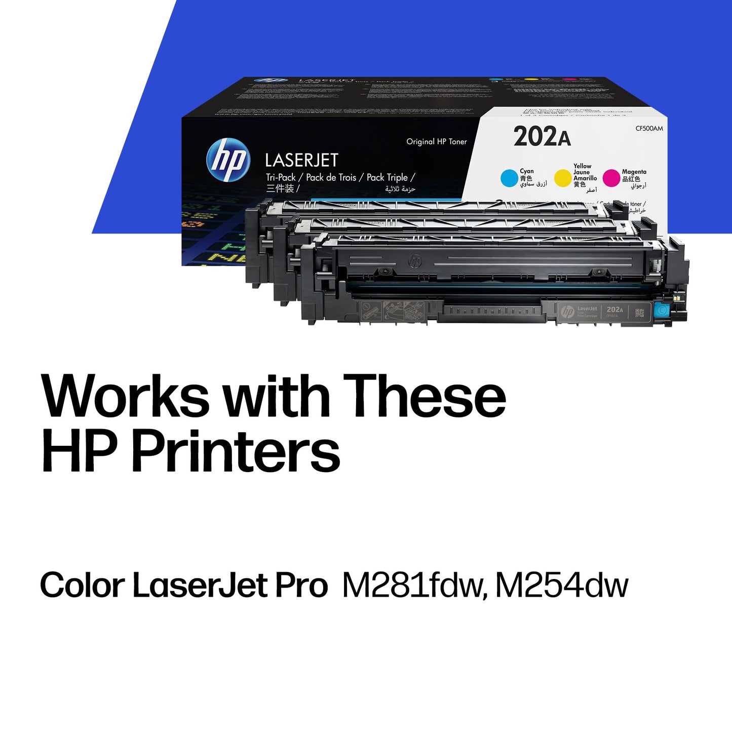 HP 202A Cyan, Magenta, Yellow Toner Cartridges Printers (3-Pack) | Works with Color LaserJet Pro M254, Color LaserJet Pro MFP M281 Series | CF500AM