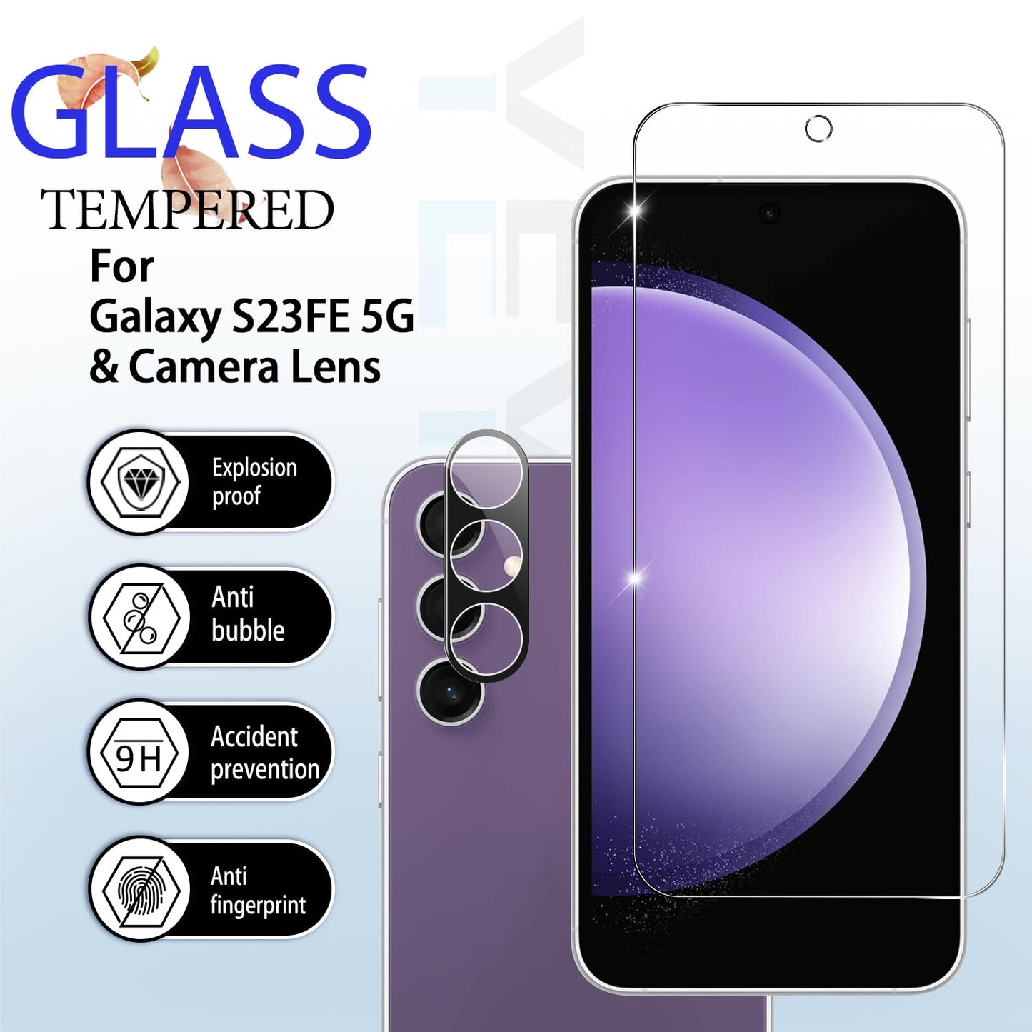 YEYEBF Galaxy S23 FE HD Clear Tempered Glass Screen Protector + Camera Lens Protectors, [2+2 Pack] [3D Glass] [Fingerprint Support] Screen Protector