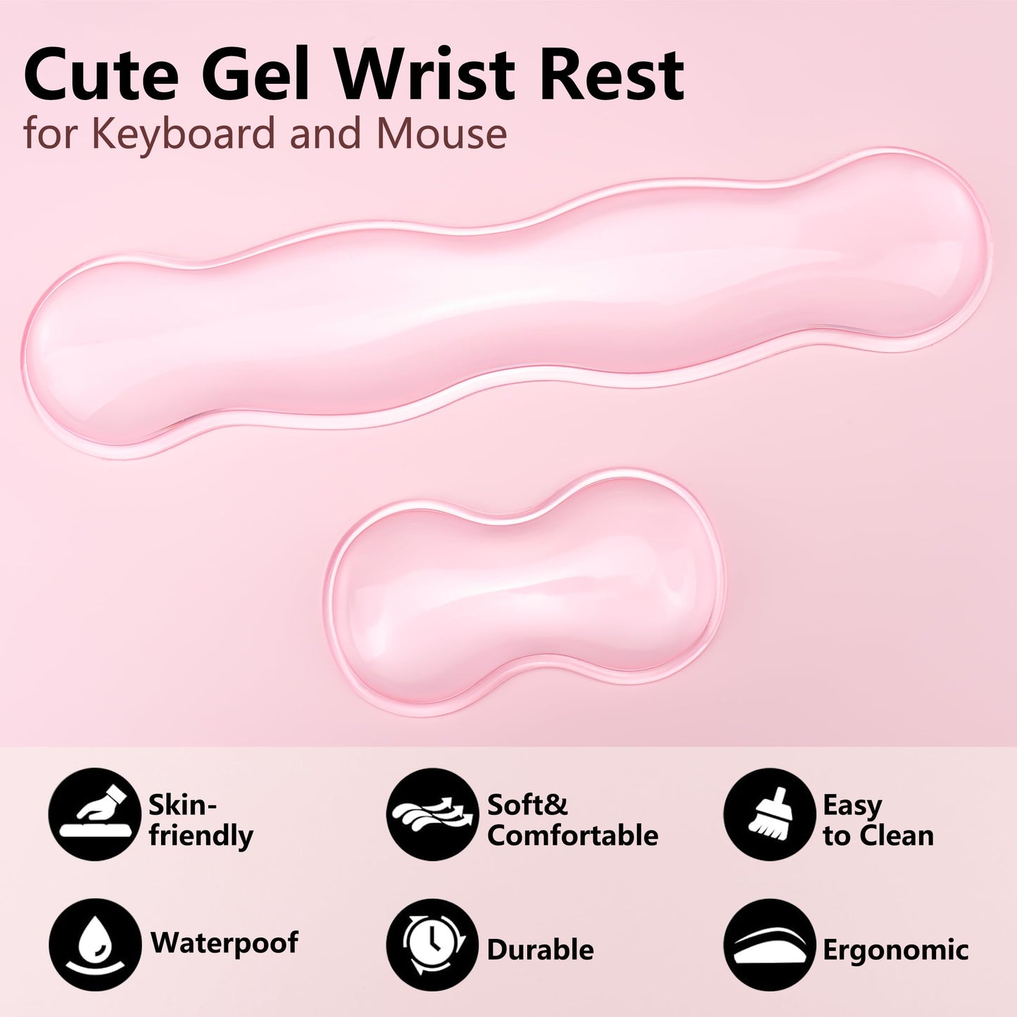 TIMSEKER Gel Wrist Rest for Keyboard and Mouse - Pink Soft Ergonomic Silicone Wrist Rest, Clear Cute Desk Accessories for Gaming, Computer, Laptop