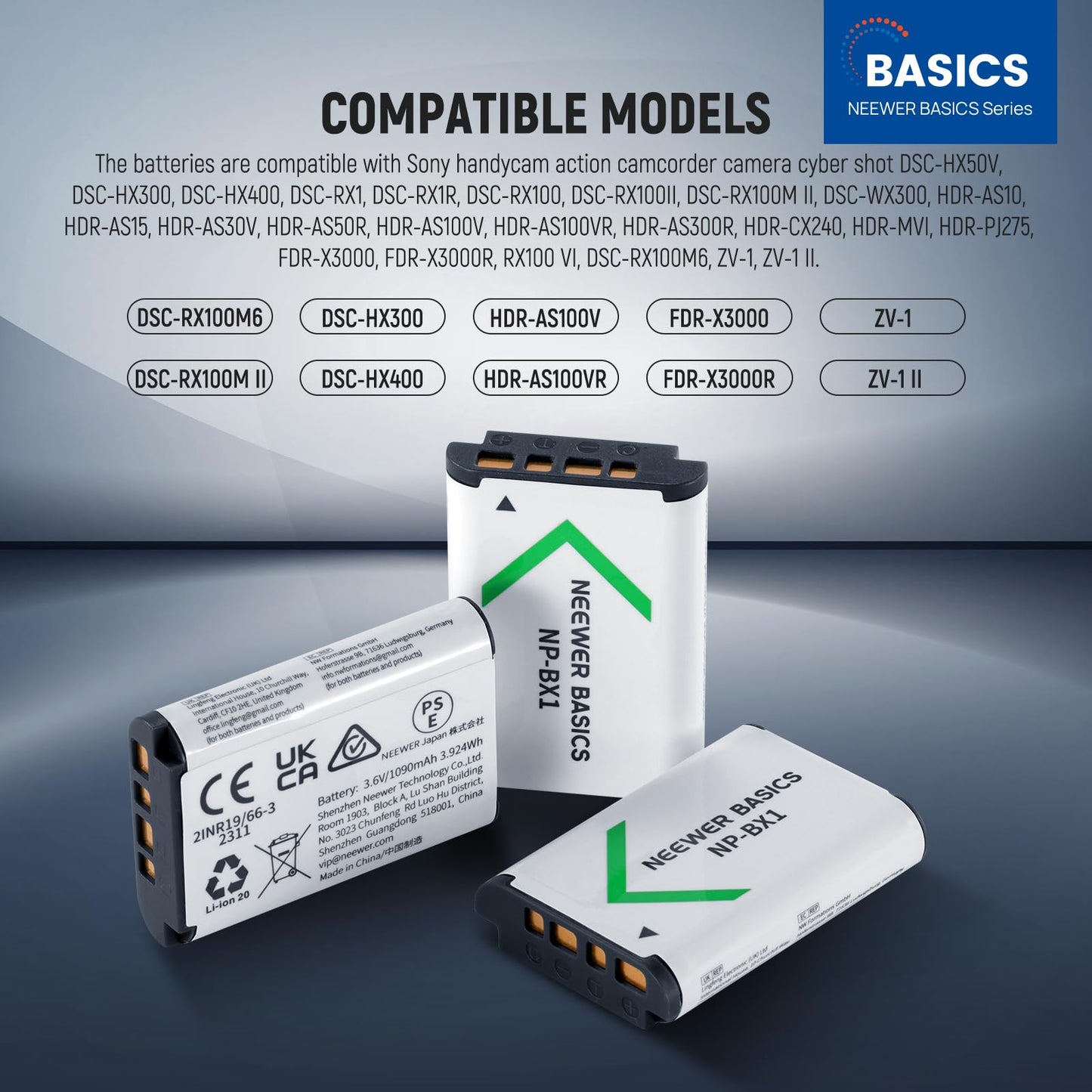 NEEWER Basics 3Pcs NP-BX1 Replacement Batteries with USB Triple Charger, 1090mAh Camera Backup Power Supply Compatible with Sony ZV1 ZV-1 II Cybershot