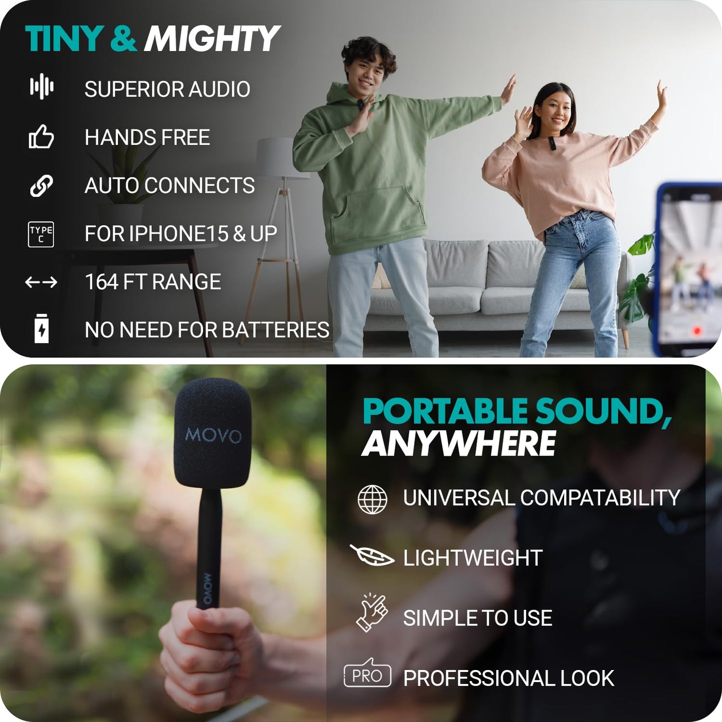 Movo Wireless Mini UC Ultra Compact Wireless Lavalier Microphone for iPhone 15/16/17 and up with WMX-HM Handheld Adapter - Lapel Mic with Handle Mount