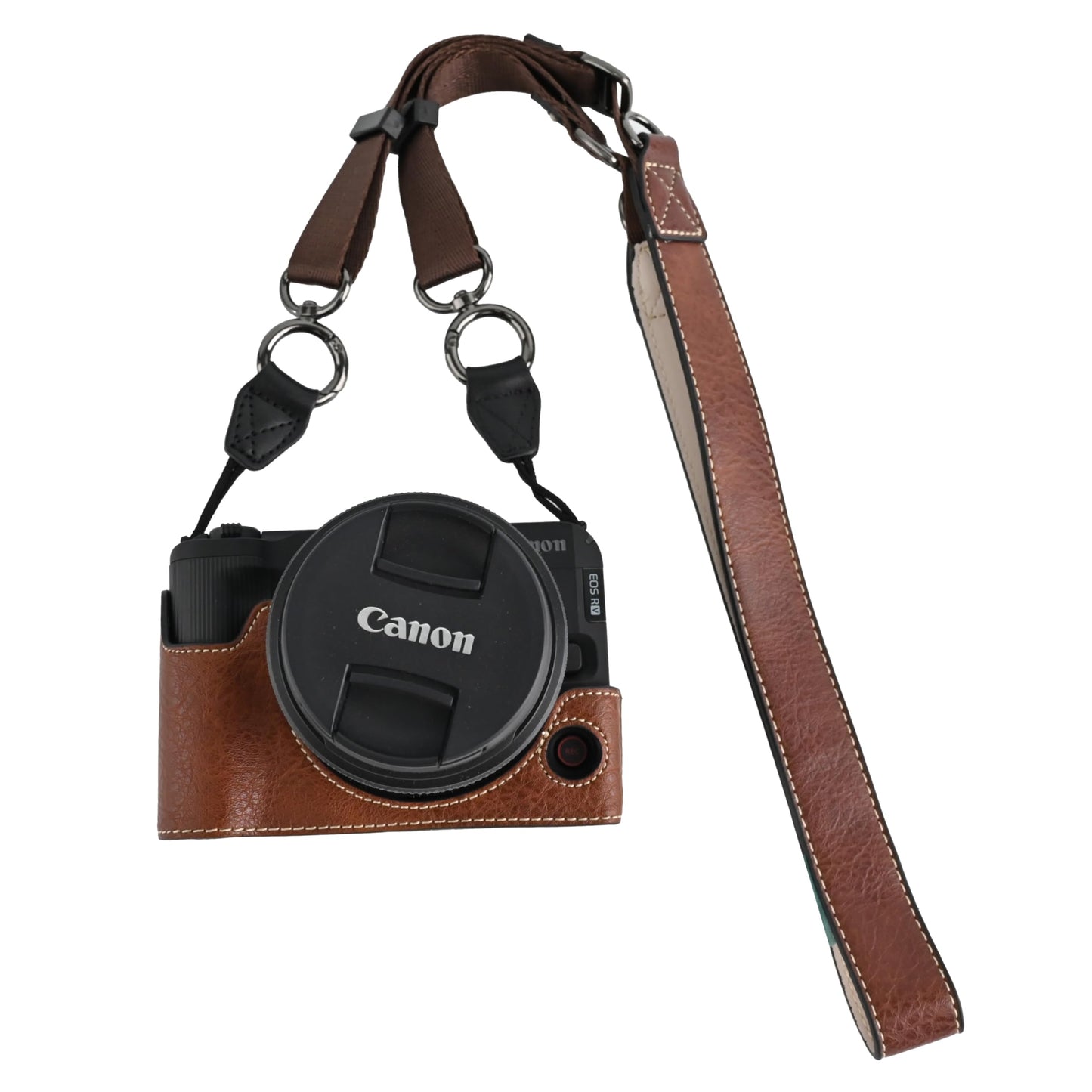 R50 V Case, BMAOLLONGB Handmade PU Leather Half Camera Case Bag Cover Bottom Opening Version for Canon Eos R50 V R50V with Neck Strap Lens Cover