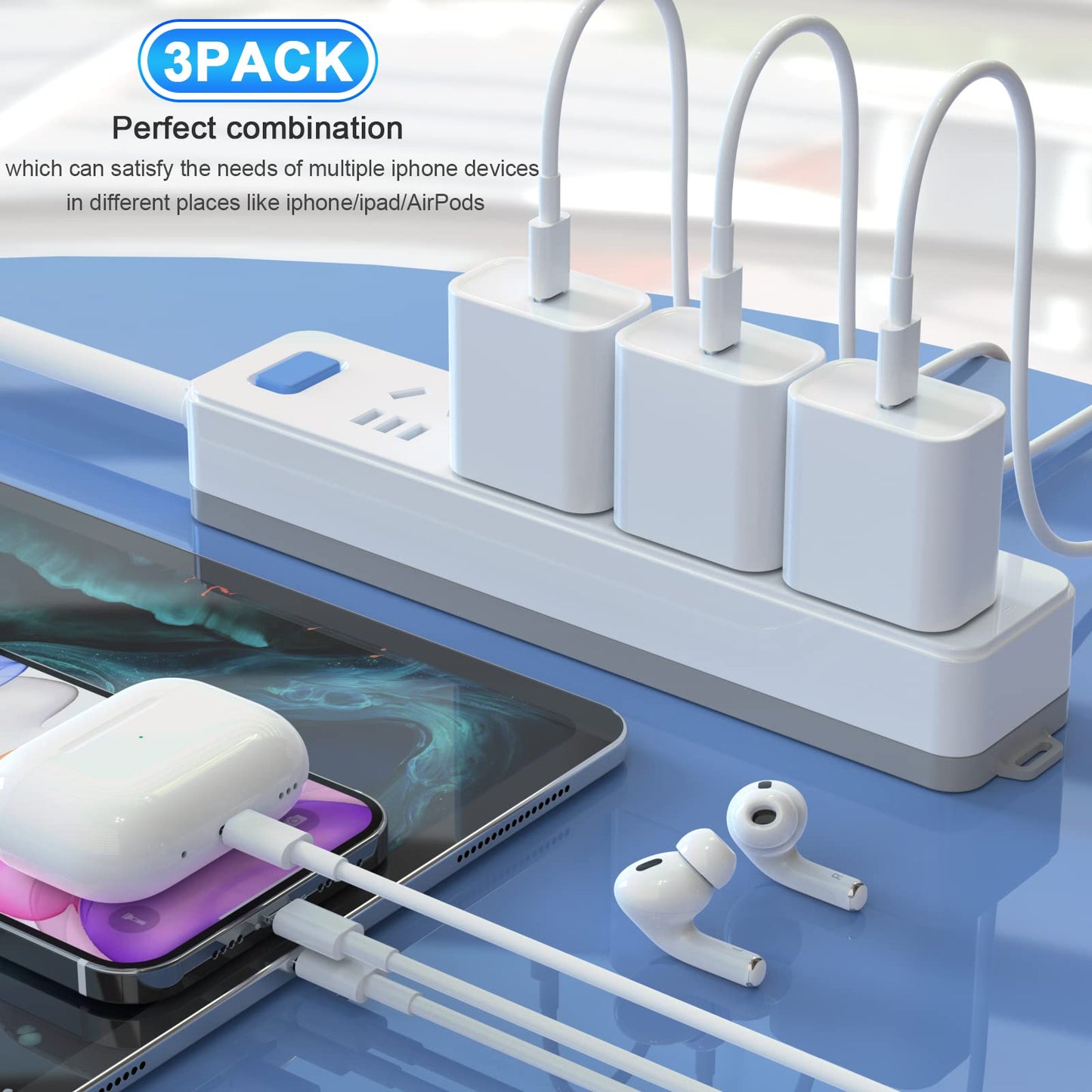 3Pack iPhone Charger [MFi Certified], iGENJUN 20W PD USB C Wall Charger Block with 6FT Type C to Lightning Cable Fast Charging Adapter Compatible