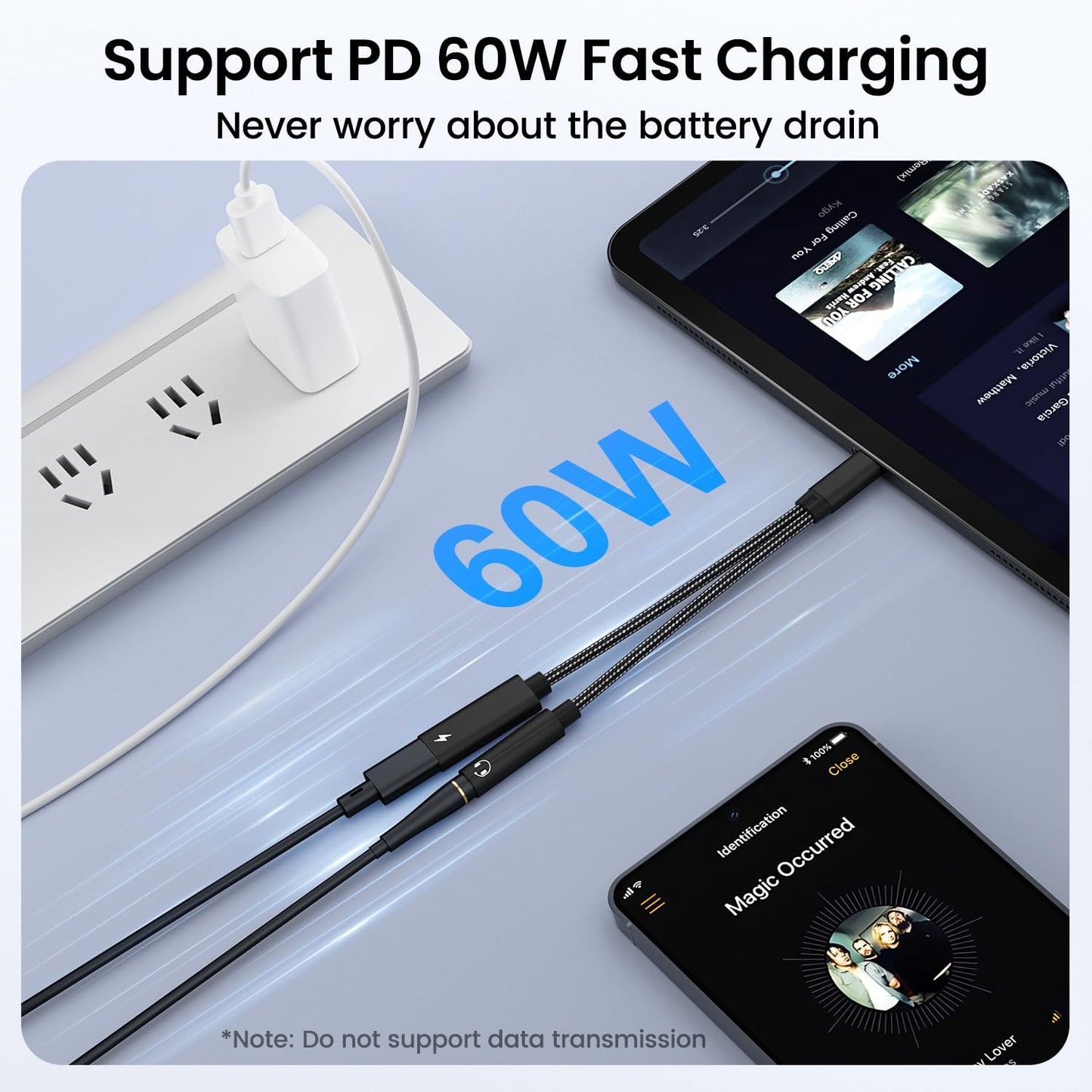 2 in 1 USB C to 3.5mm Headphone and Charger Adapter, USB C to AUX Mic Jack with PD 60W Fast Charging for Stereo, Earphones, Compatible with iPhone