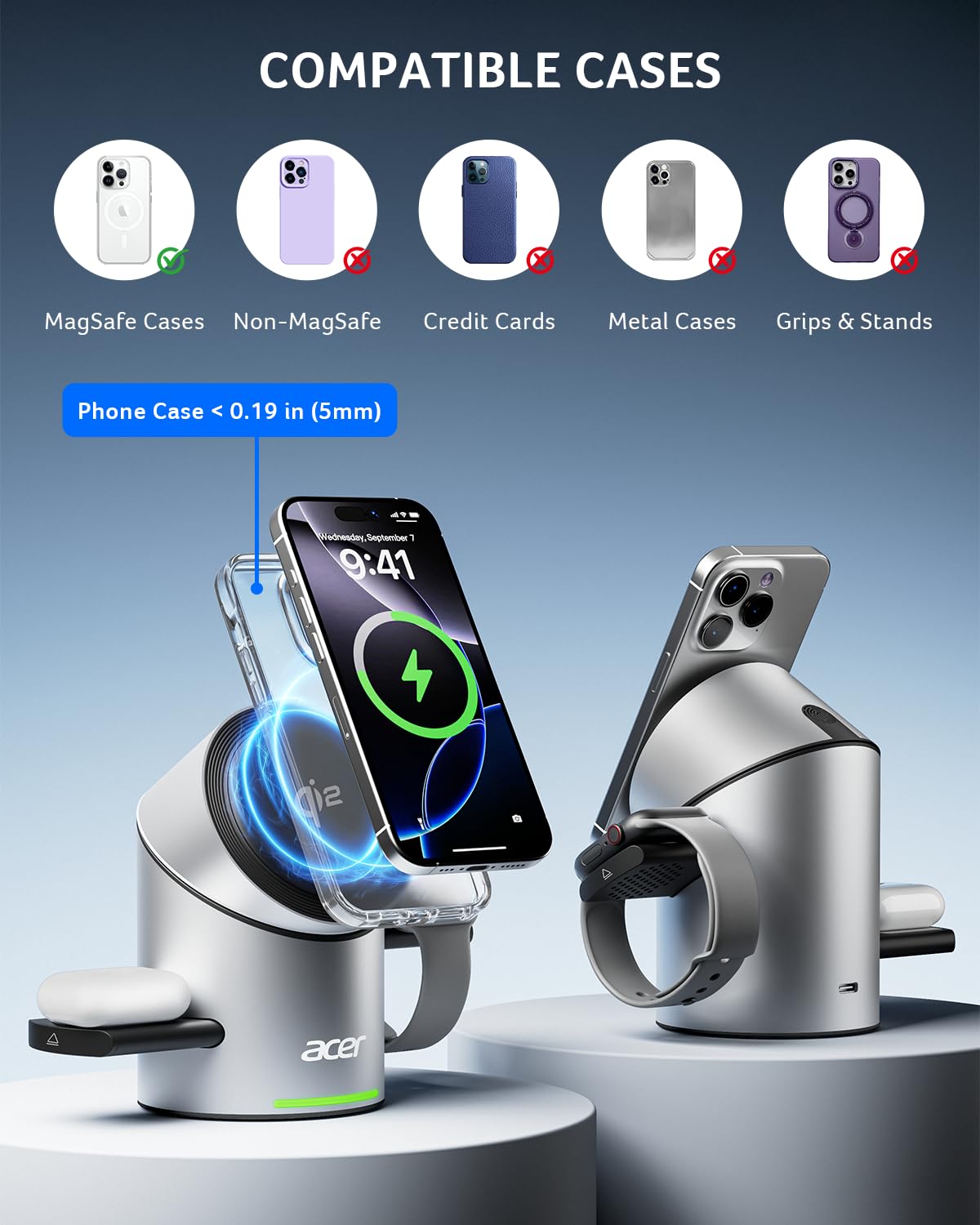 Acer Prime 3 in 1 Charging Station for Apple - Magnetic iPhone Wireless Charging Station, Magsafe Charger Stand for iPhone 17 16 15 14 13 12 - Apple