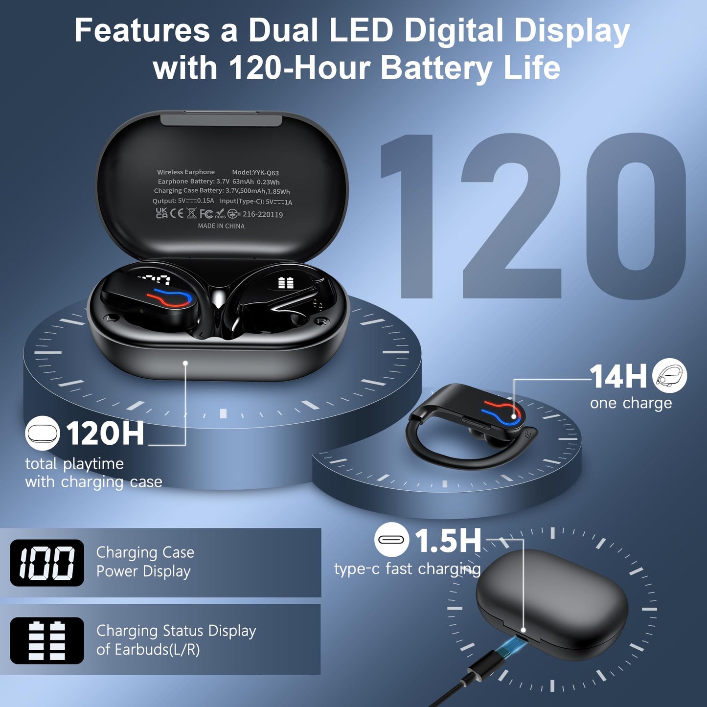 Wireless Earbuds 120hrs Bluetooth 6.1 Headphone Sport, 2026 Bluetooth Earbuds with Fast Charging Case Dual LED Display Earphones ENC Noise Cancelling