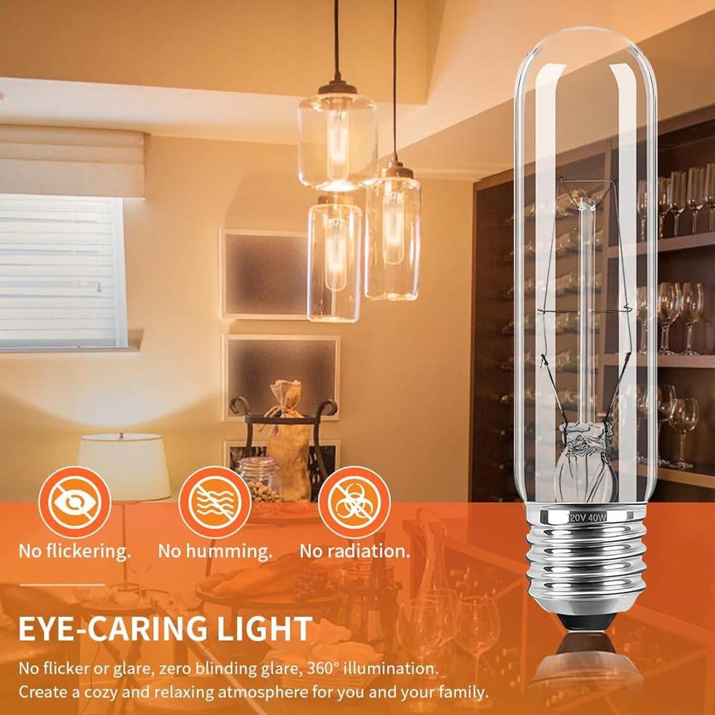 Tiqian 10-Pack 40W T10 Incandescent LED Light Bulbs, Warm White,Dimmable Clear Glass Edison Vintage Bulbs for Chandeliers, E26 Base, 2700K, Desk