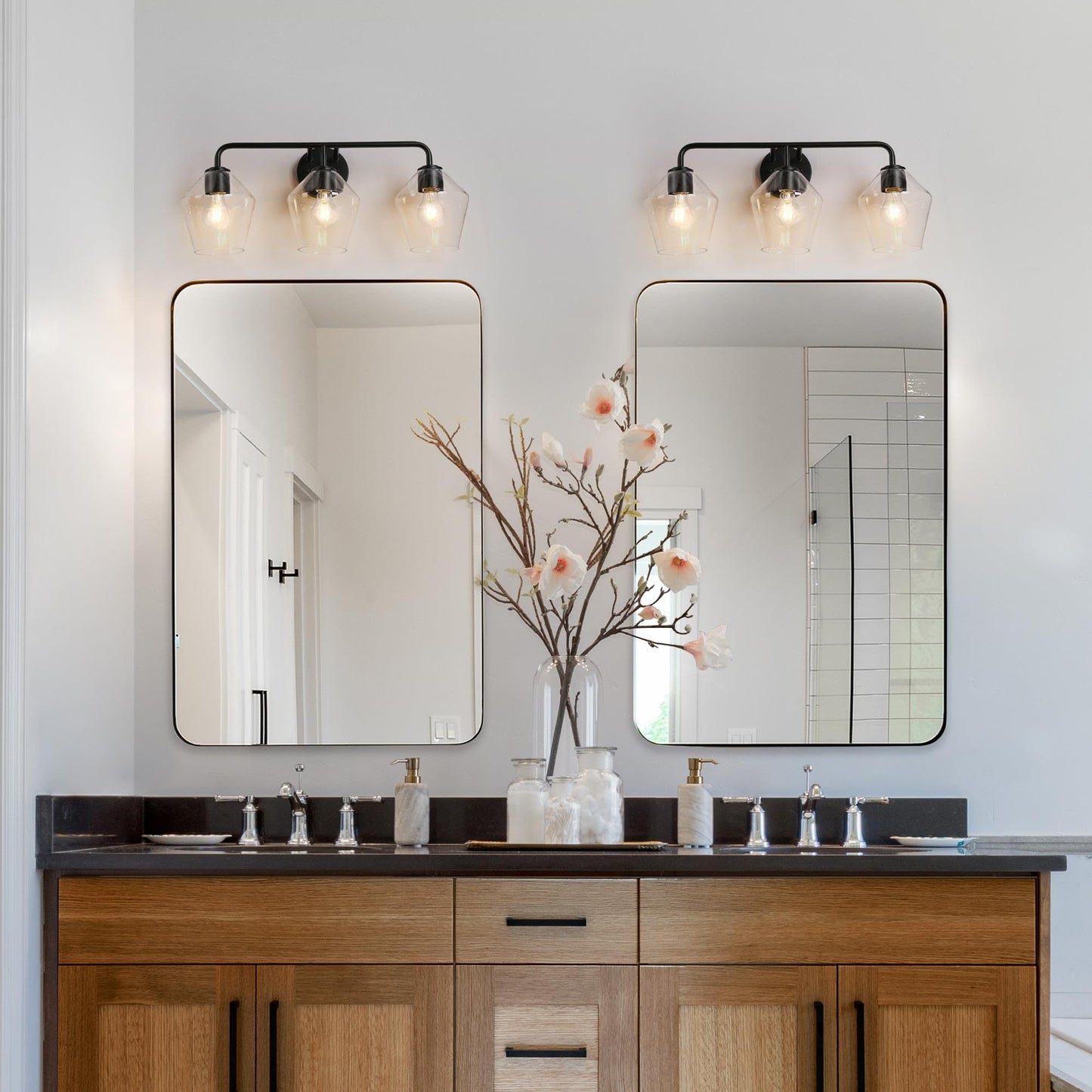 Bathroom Light Fixtures, Black Bathroom Vanity Lights 3 Lights, Modern Farmhouse Bathroom Light Black Wall Sconce Lighting with Clear Glass Shades