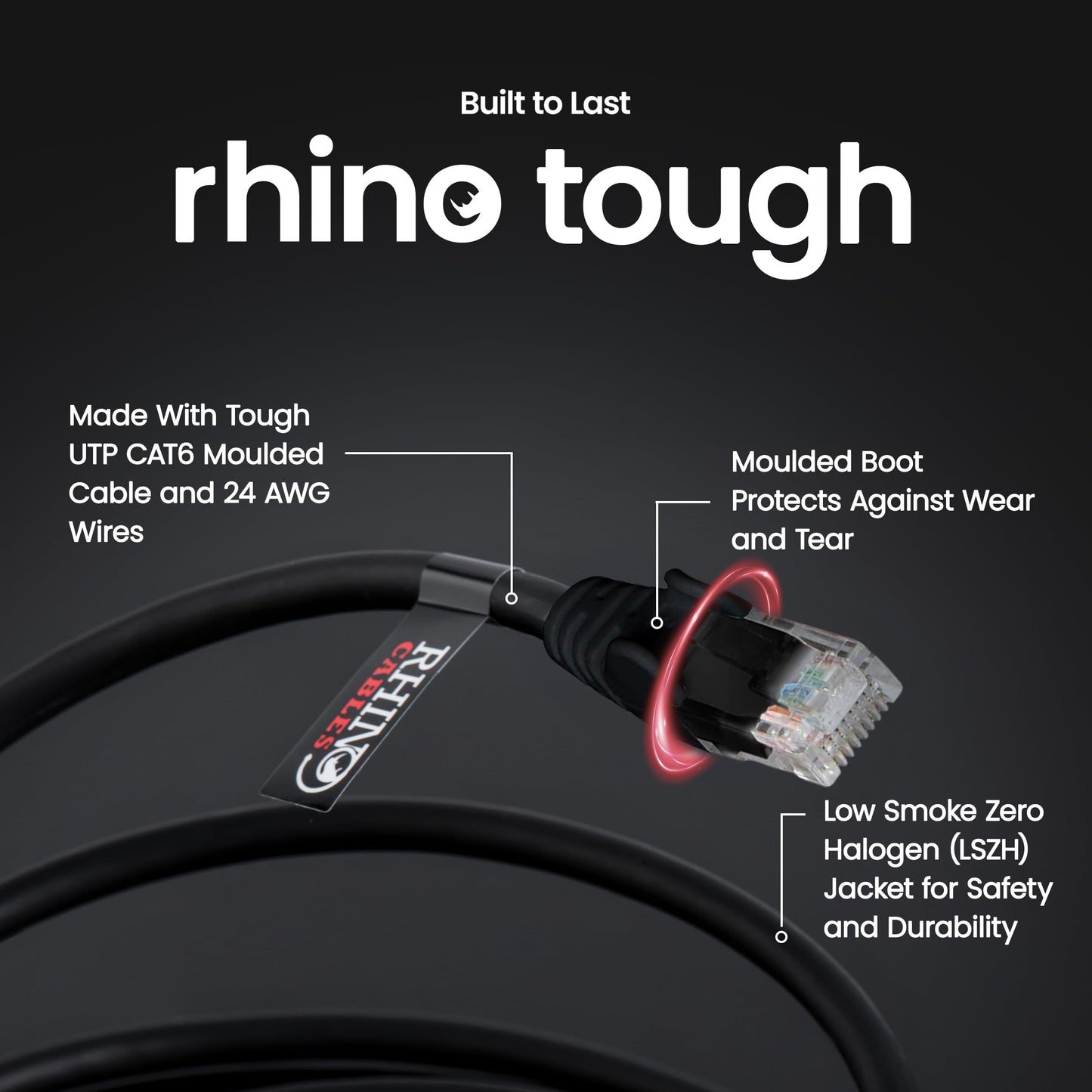 rhinocables CAT 6 High-Speed Gigabit Ethernet Cable - Patch Network Lead for LAN| Snagless UTP with LSZH Jacket | RJ45 Connector - Internet, Router
