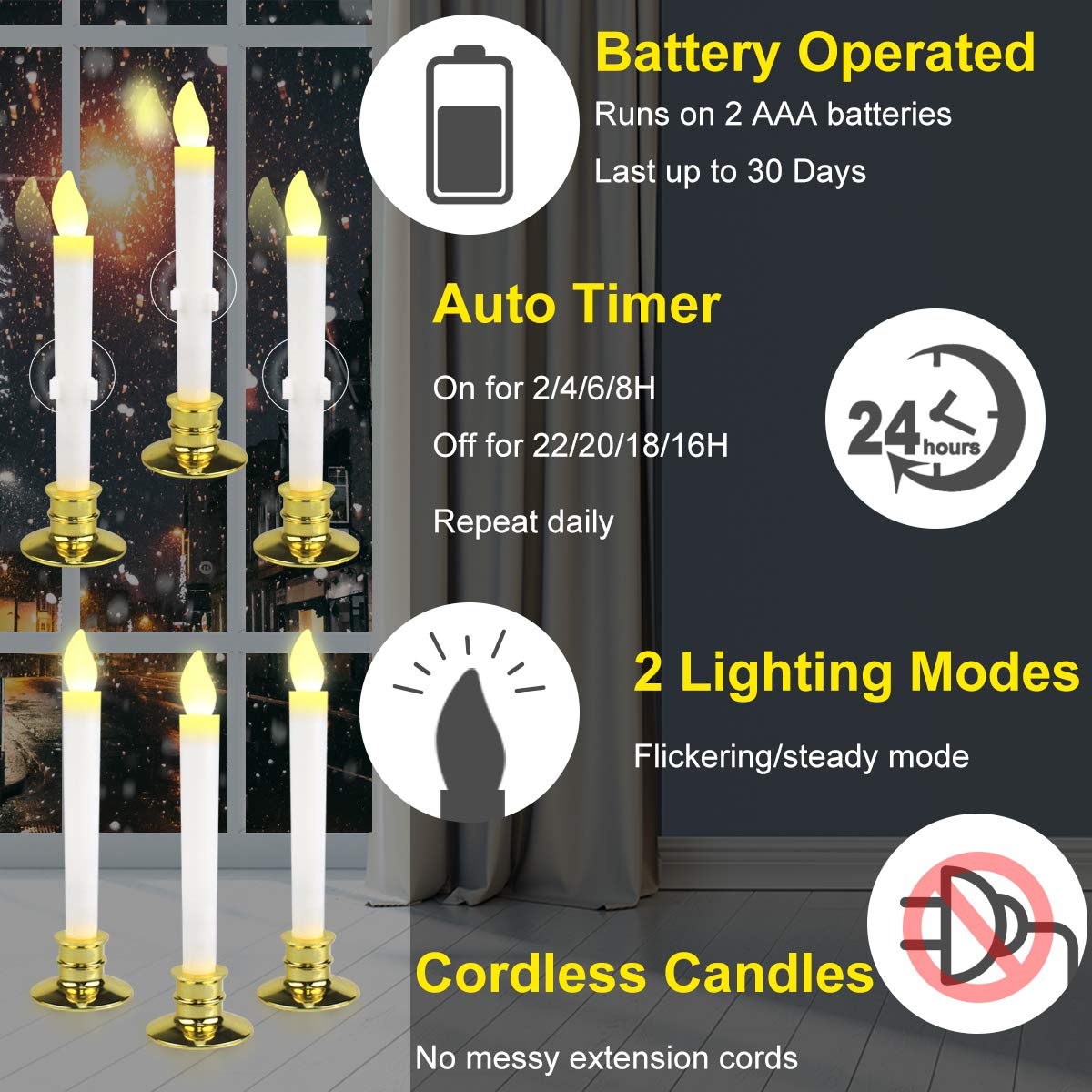 Kithouse 6 Set Christmas Window Candles Lights with Timer Battery Operated Electric LED Taper Candles Flameless for Windows, Gold Candle Holders
