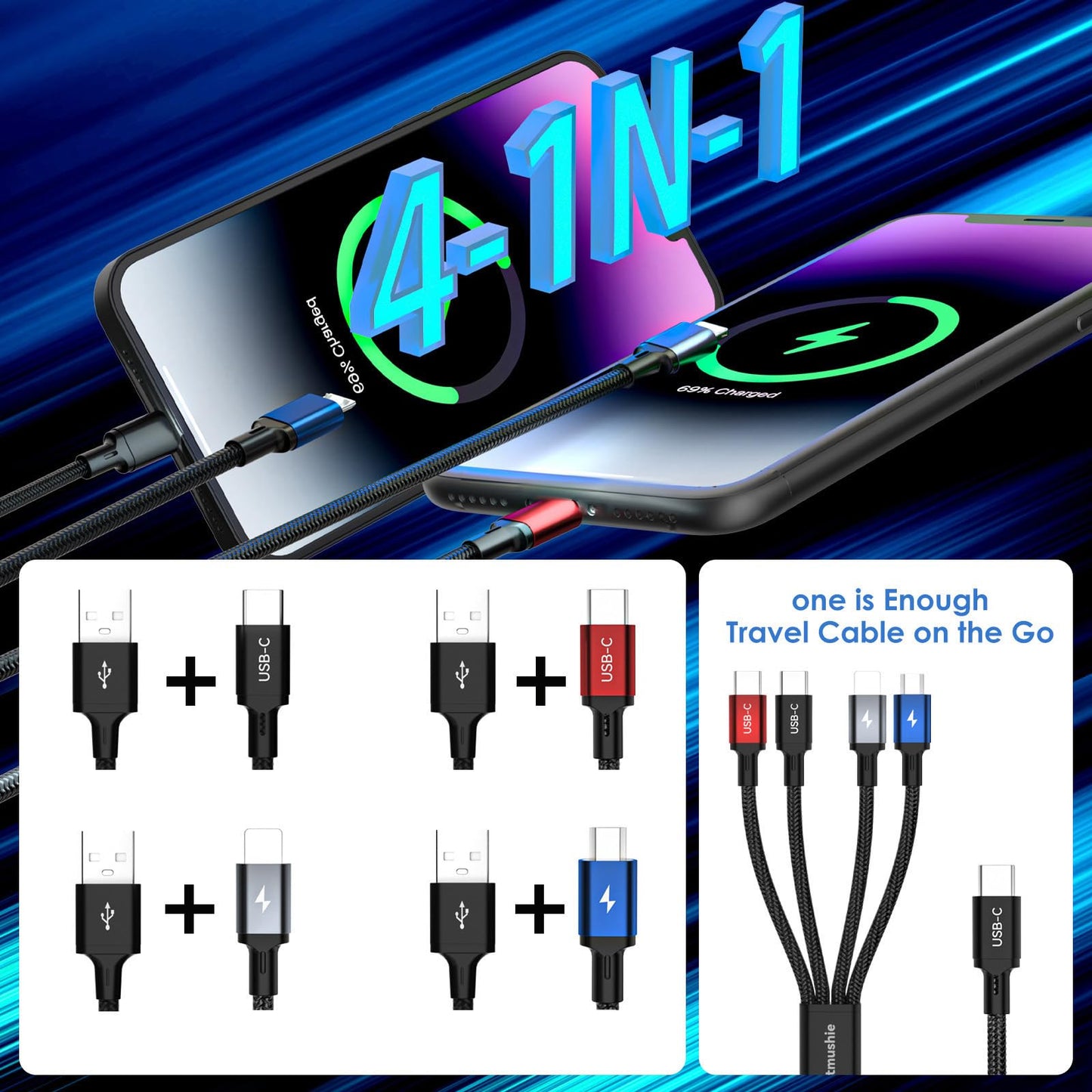 Artmushie 4-in-1 Multi Charging Cable [2-Pack, 6.6ft] - USB-C to USB-C, Lightning & Micro USB with Dual USB-C,Charger Cord for iPhone 14/15/16/17