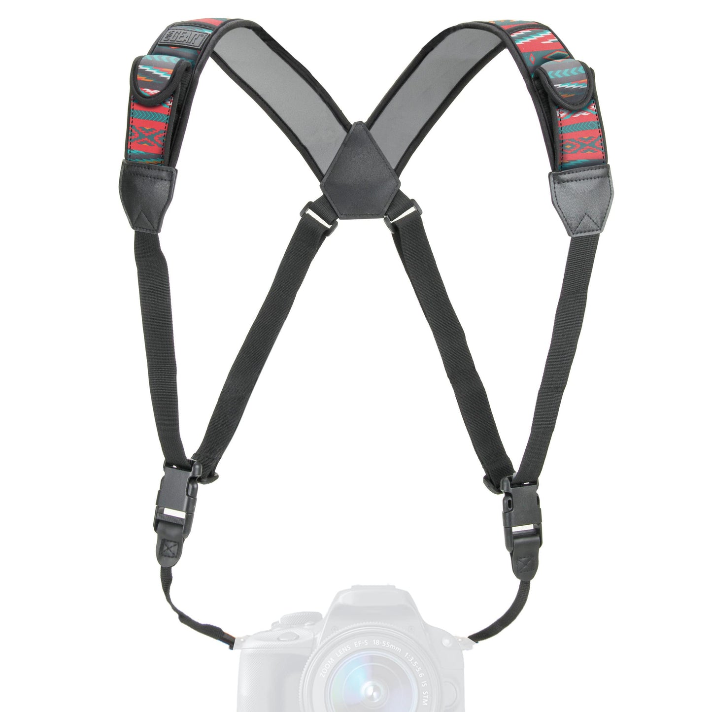 USA Gear DSLR Camera Strap Chest Harness with Quick Release Buckles, Southwest Neoprene Pattern and Accessory Pockets - Compatible with Canon, Nikon