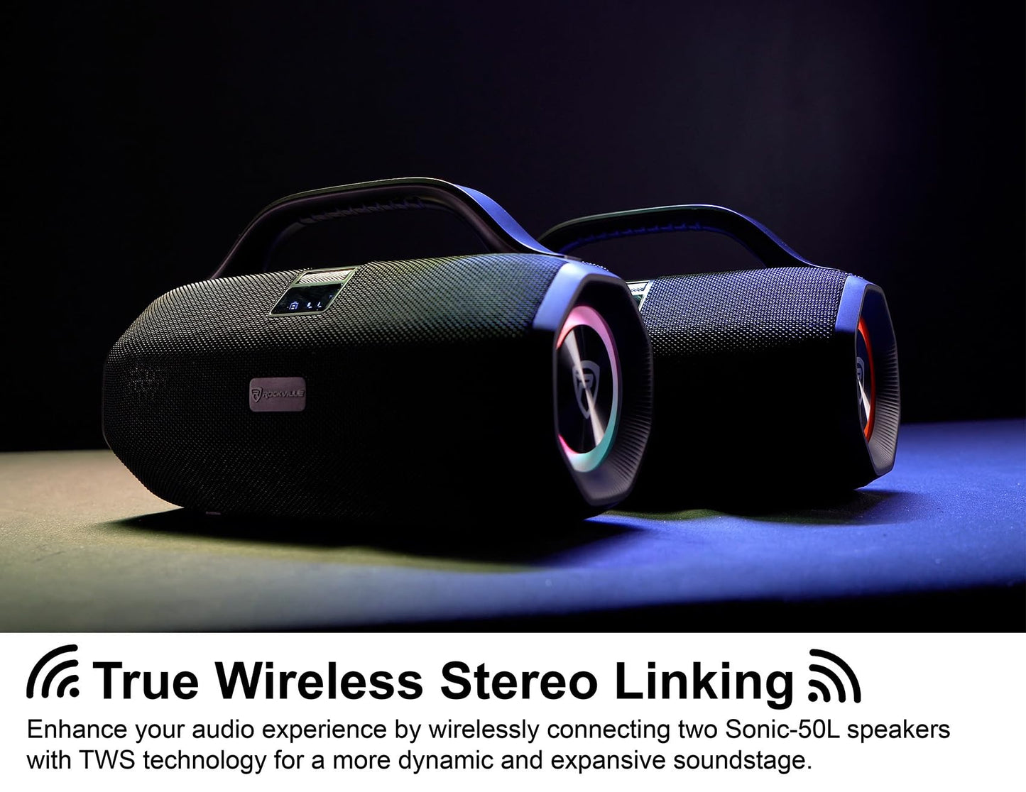 Rockville SONIC-50L Portable Bluetooth Speaker, 50W Stereo Sound, Dual LED Rings, IPX5 Water-Resistant, Upto 24-Hour Battery, TWS, USB/TF Card/AUX/Mic