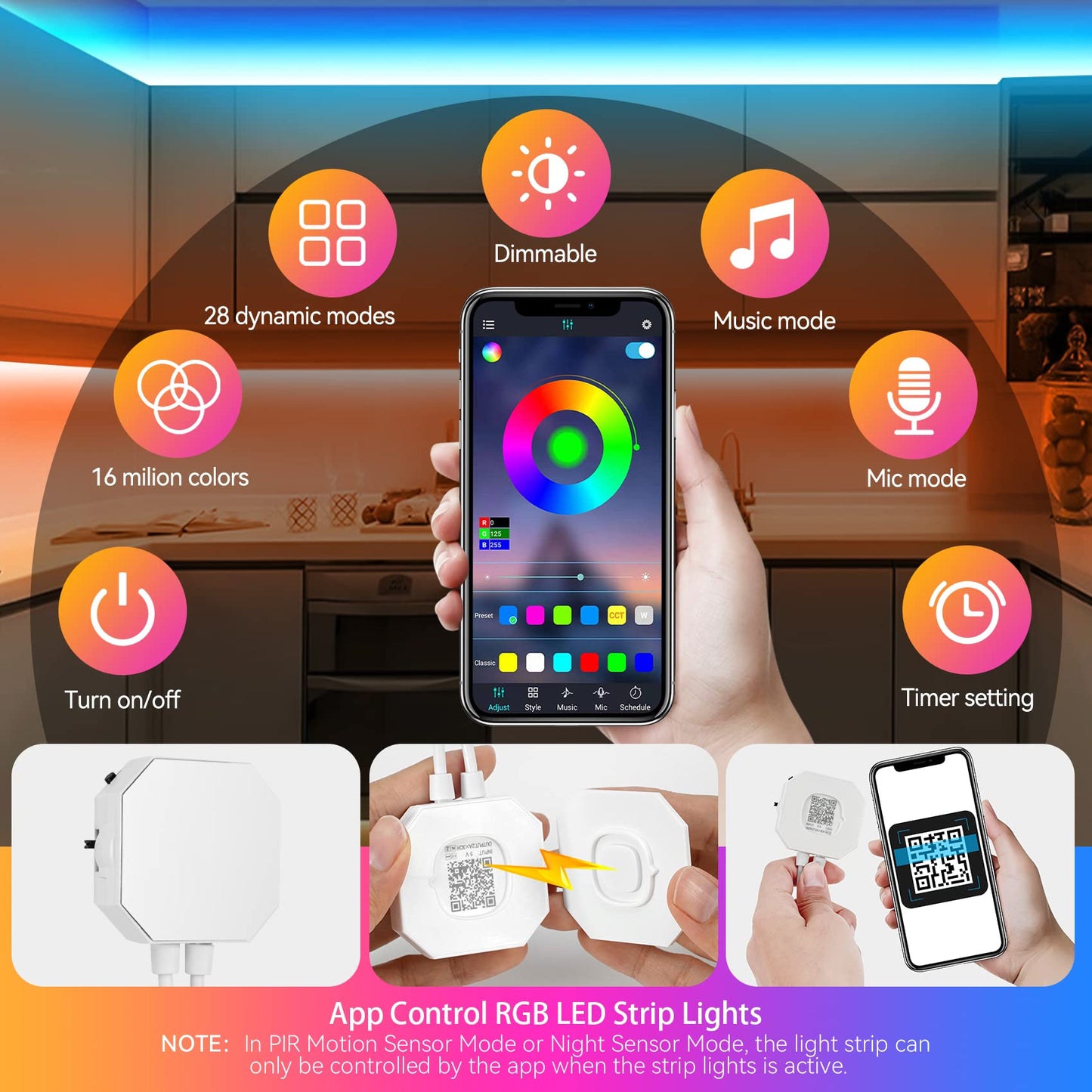 HOUHUI Motion Sensor LED Light Strip, 2x9.8Ft RGB LED Strip Lights Motion Activated Under Bed Lights, App Control Music Sync Strip Lights with Remote